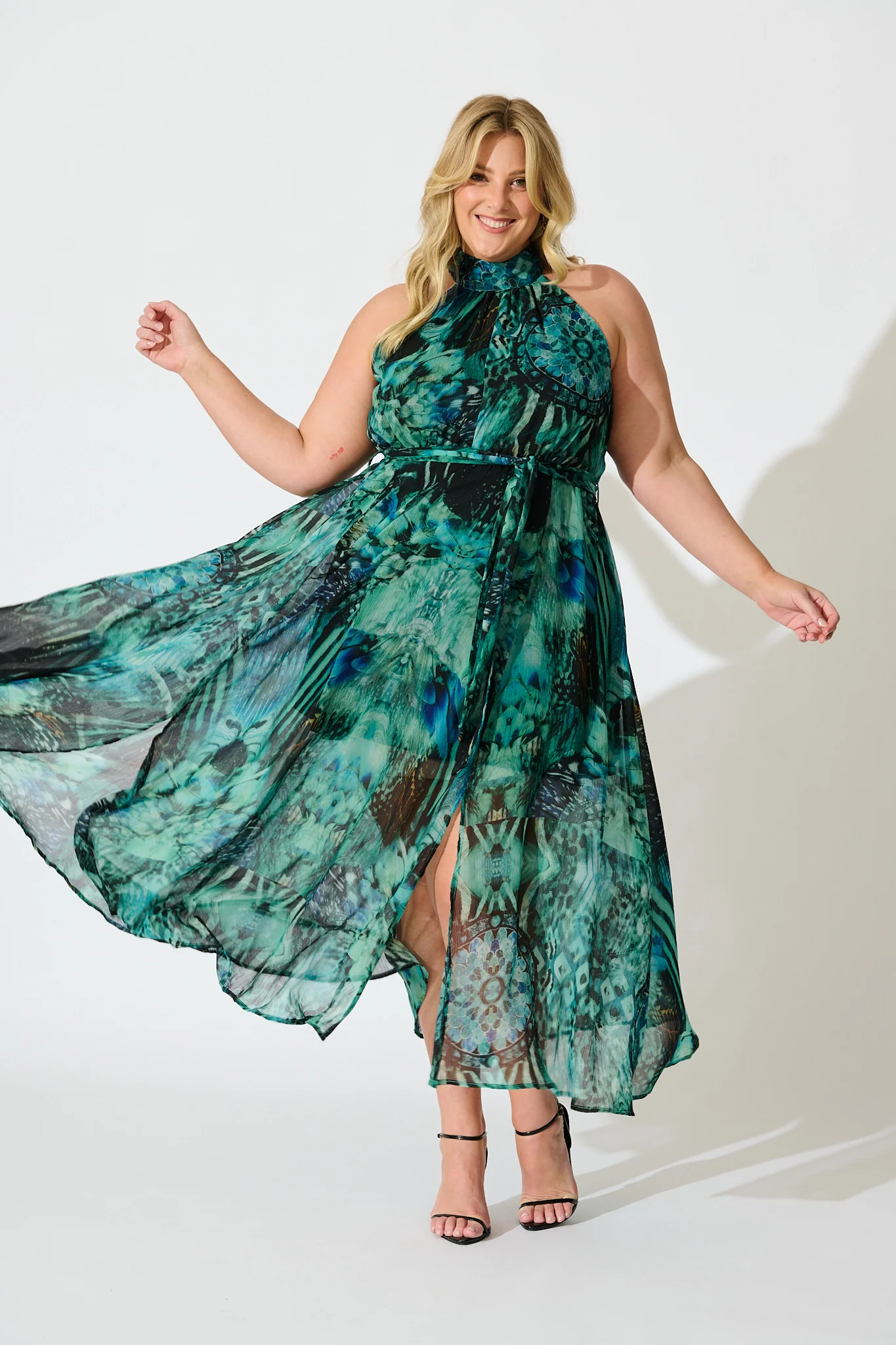 Kiss Me Halter Neck Maxi Dress in Green Multi Chiffon - Image 7
