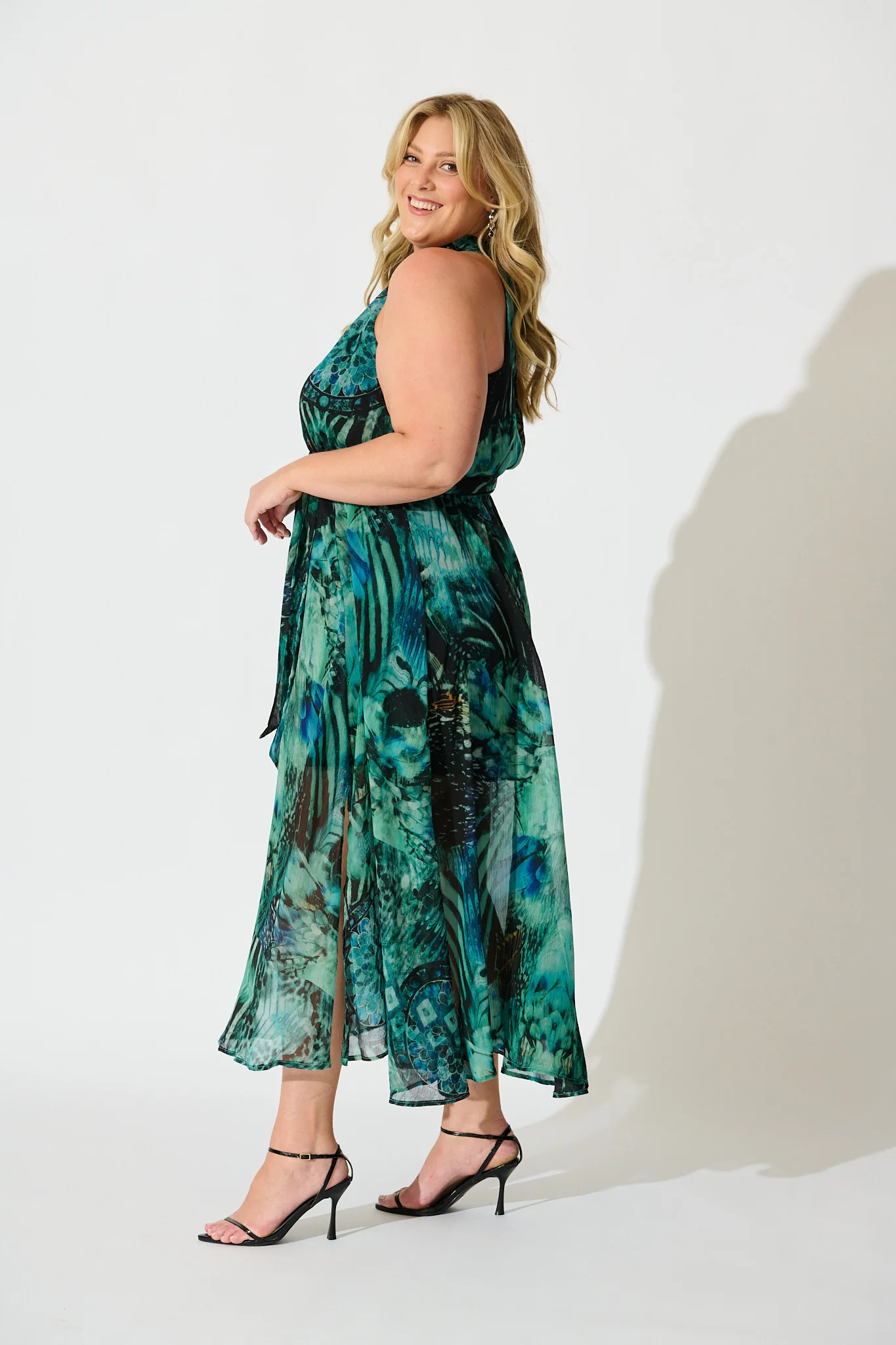 Kiss Me Halter Neck Maxi Dress in Green Multi Chiffon - Image 8