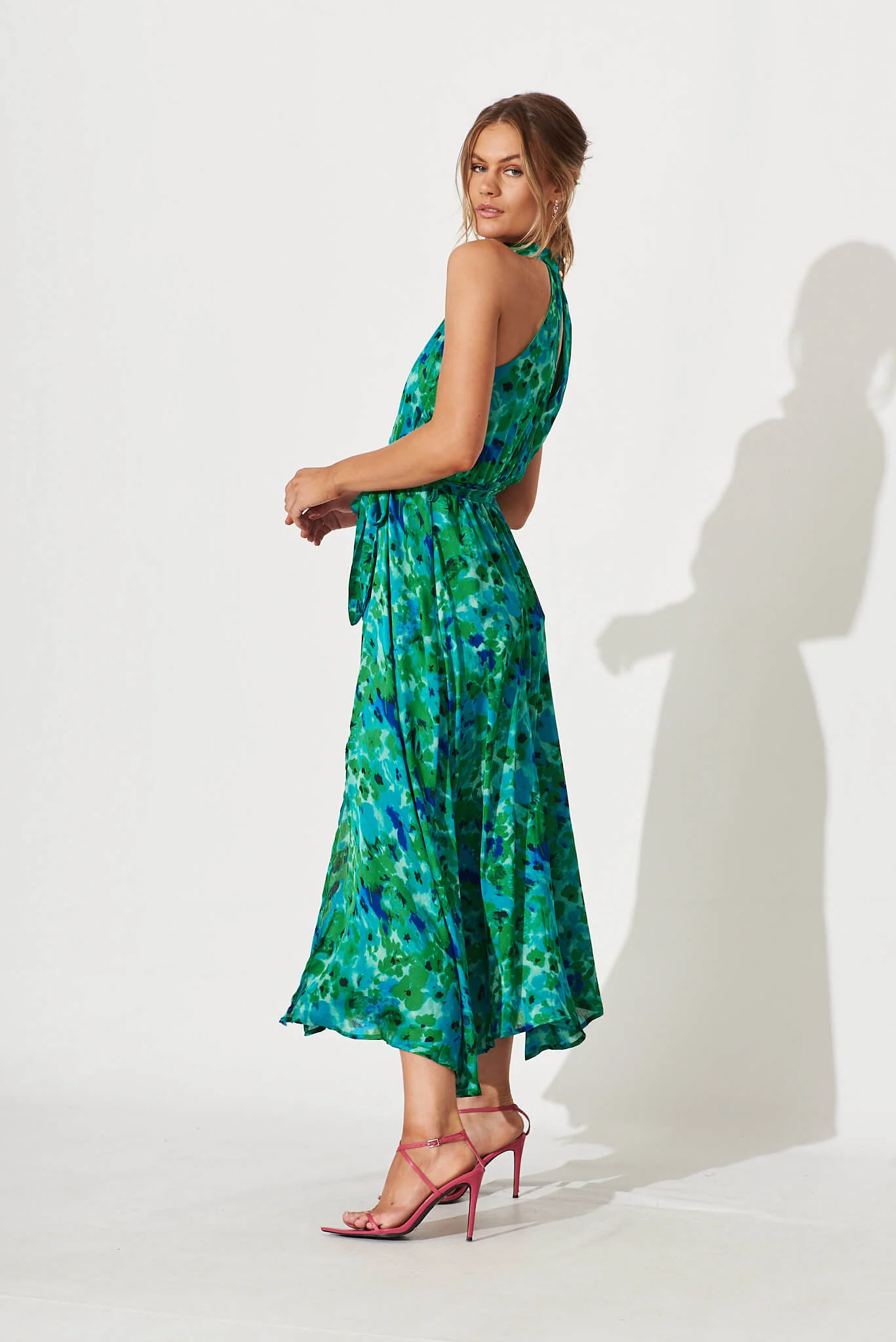 Kiss Me Halter Neck Maxi Dress In Green Watercolour Print - Image 3
