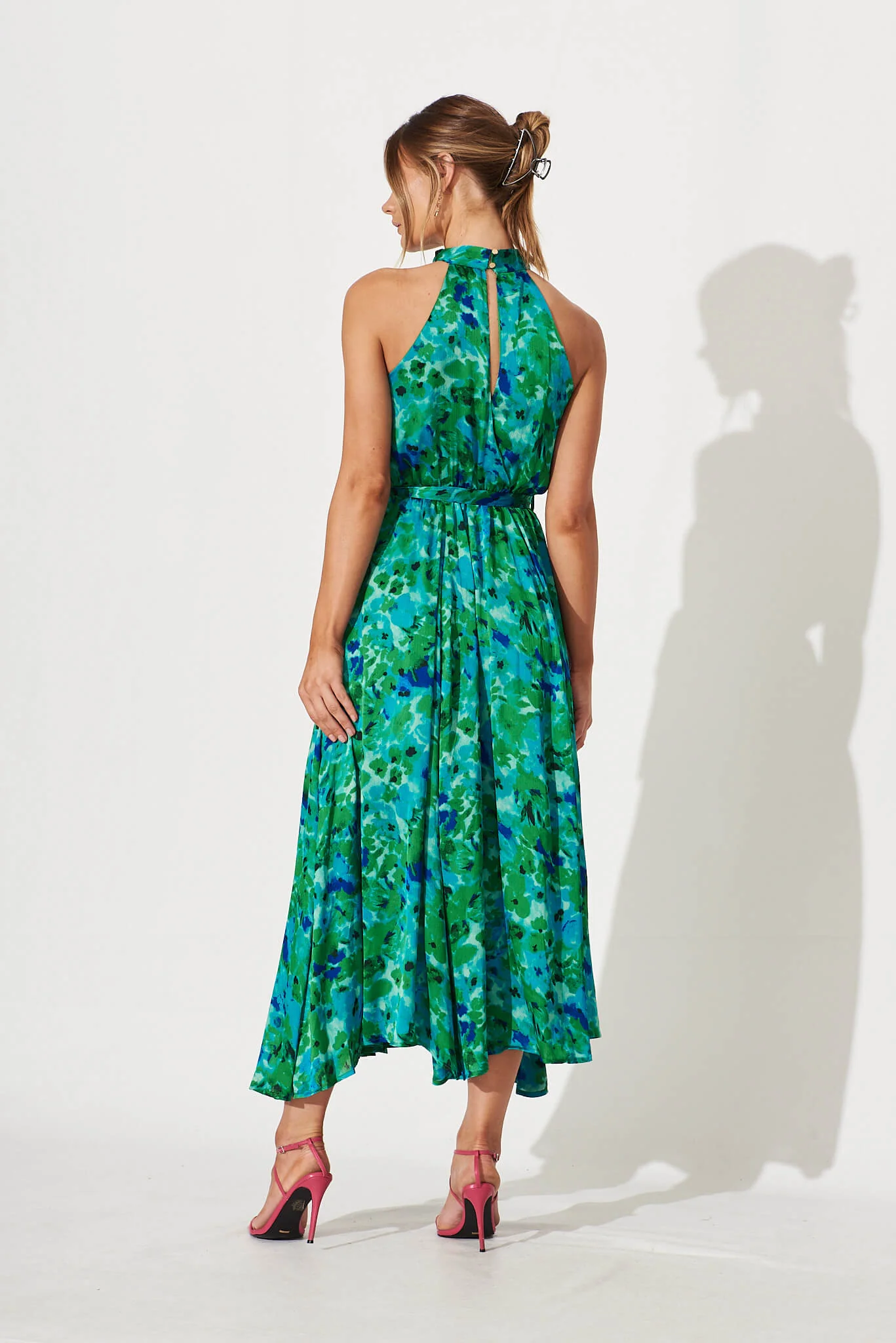 Kiss Me Halter Neck Maxi Dress In Green Watercolour Print - Image 4
