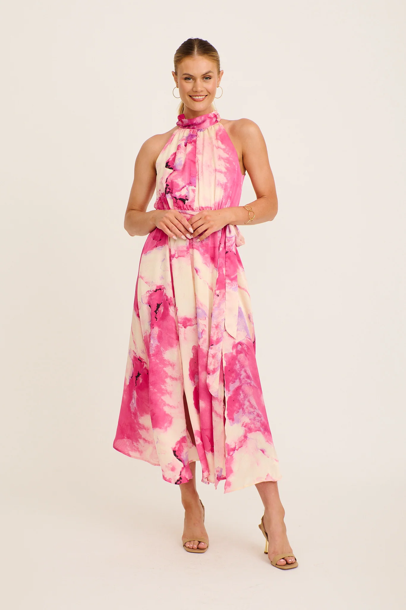 Kiss Me Halter Neck Maxi Dress in Magenta Watercolour Satin - Image 2