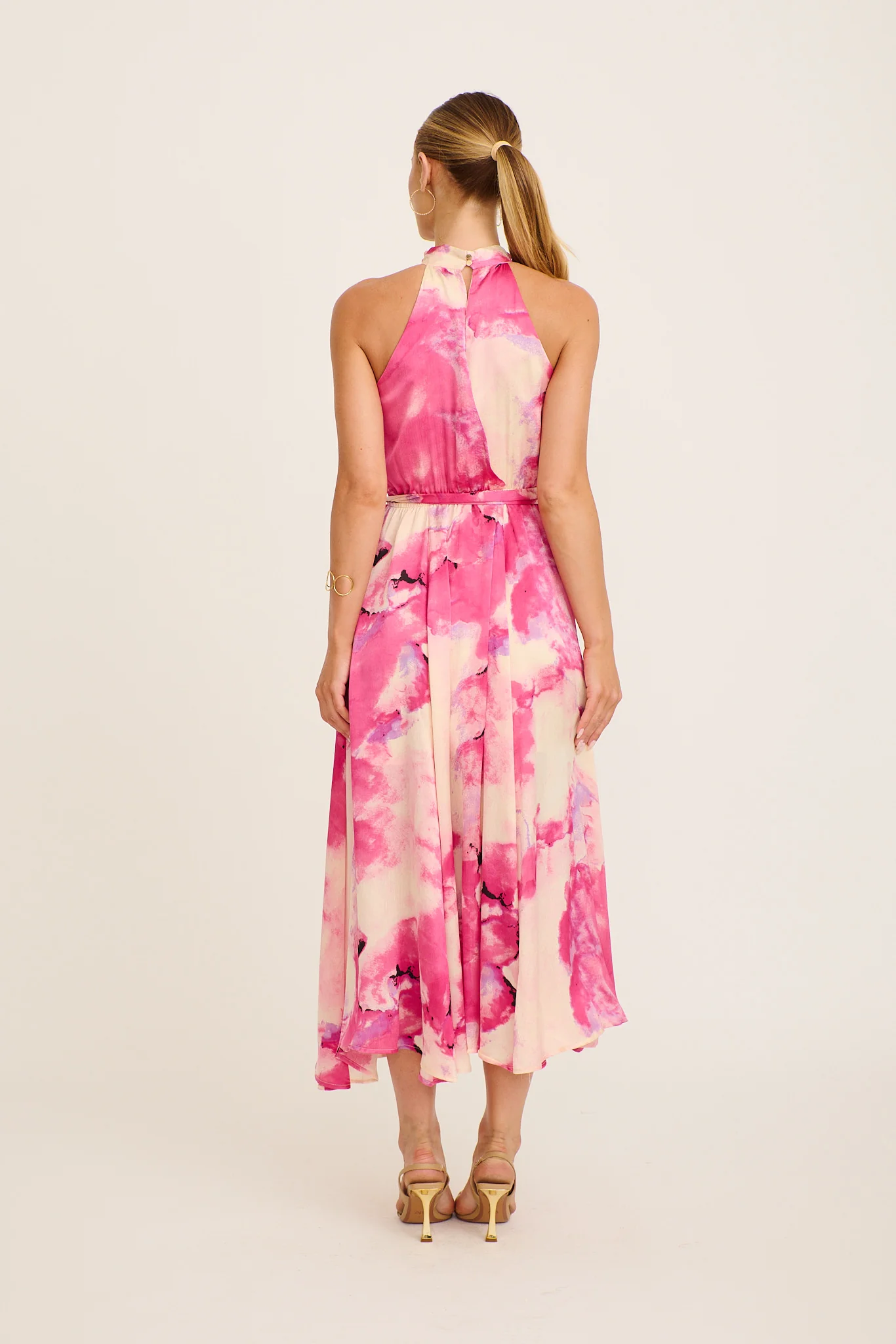 Kiss Me Halter Neck Maxi Dress in Magenta Watercolour Satin - Image 5