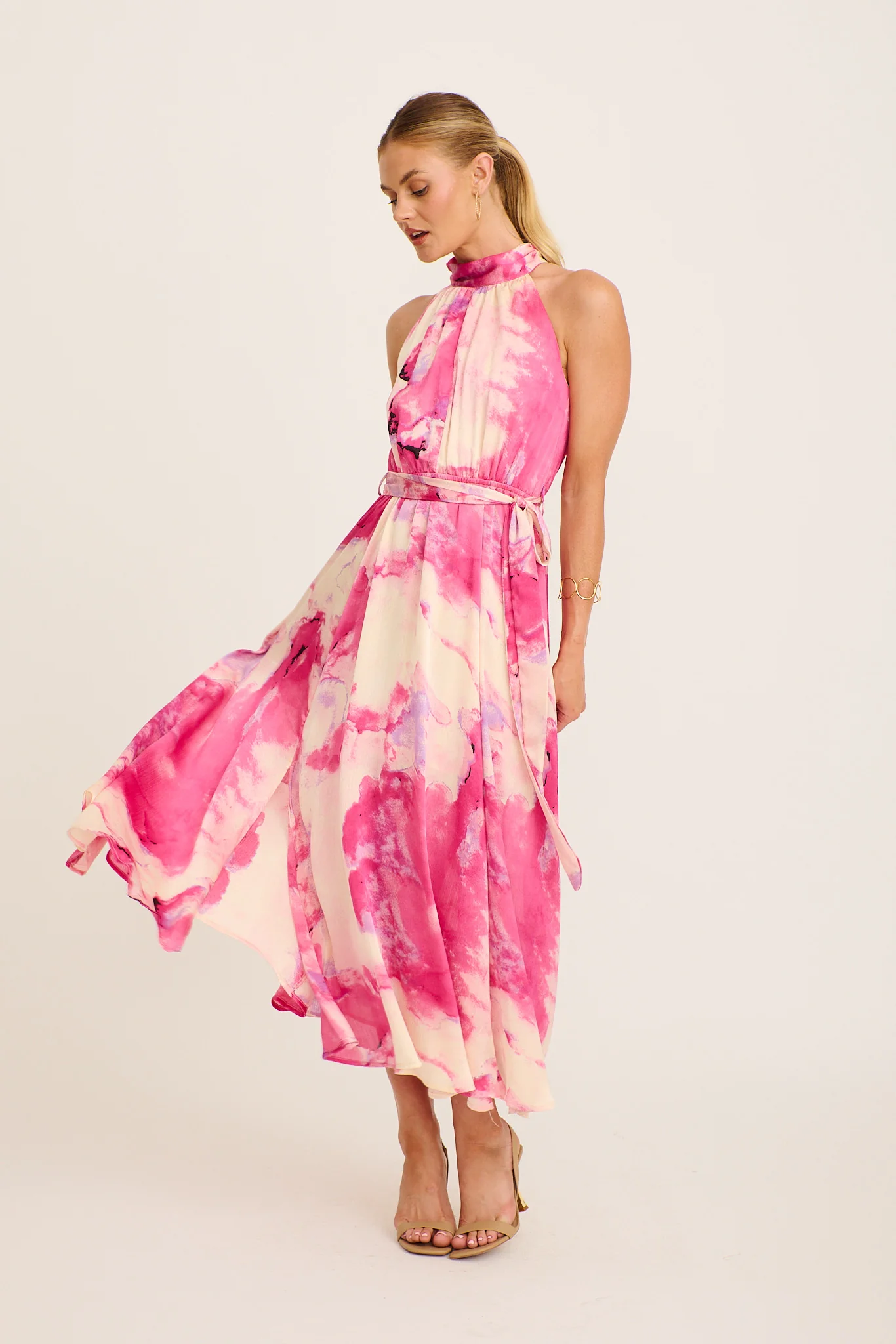 Kiss Me Halter Neck Maxi Dress in Magenta Watercolour Satin - Image 6