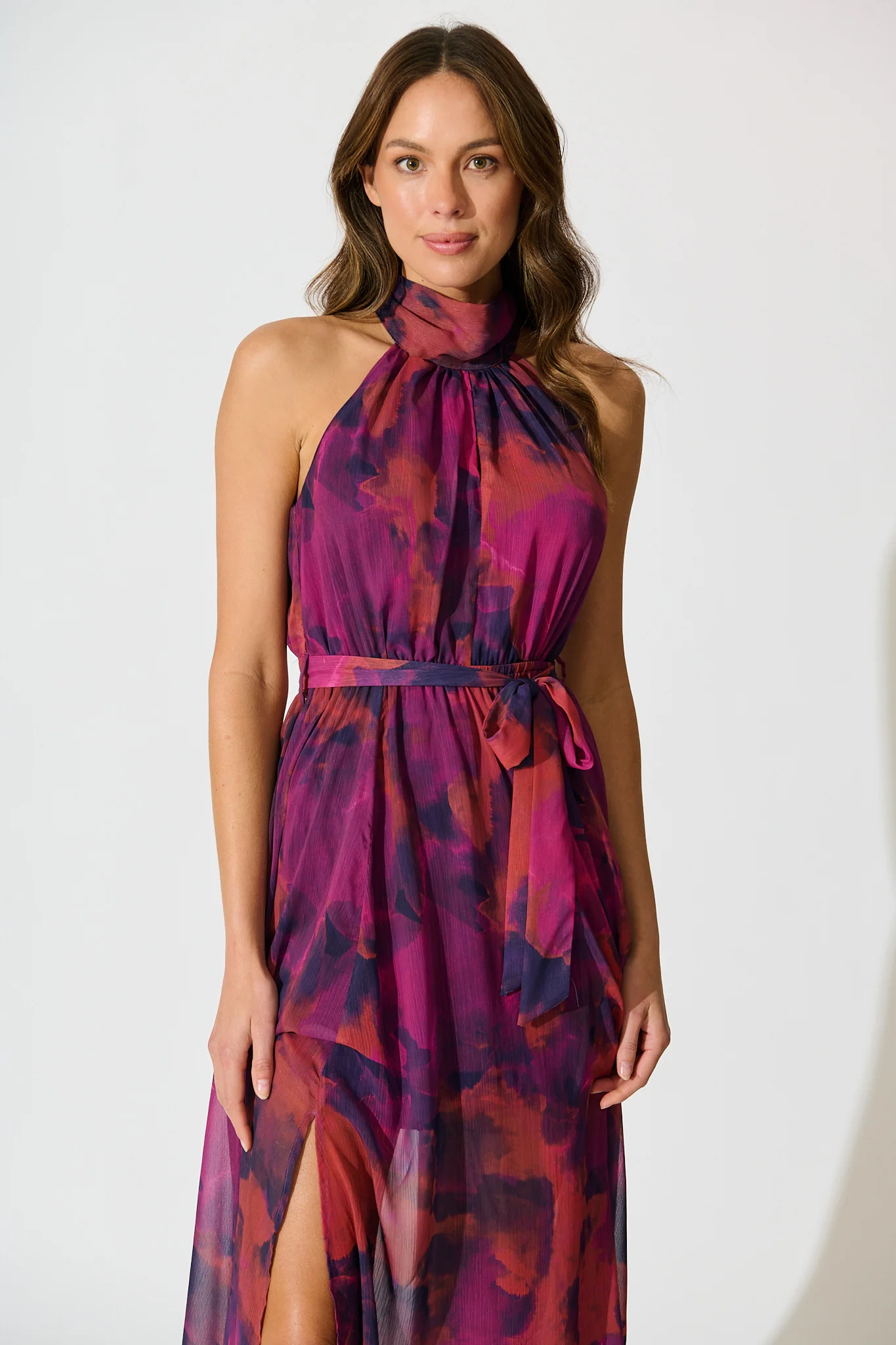 Kiss Me Halter Neck Maxi Dress in Purple Watercolour Chiffon - Image 2