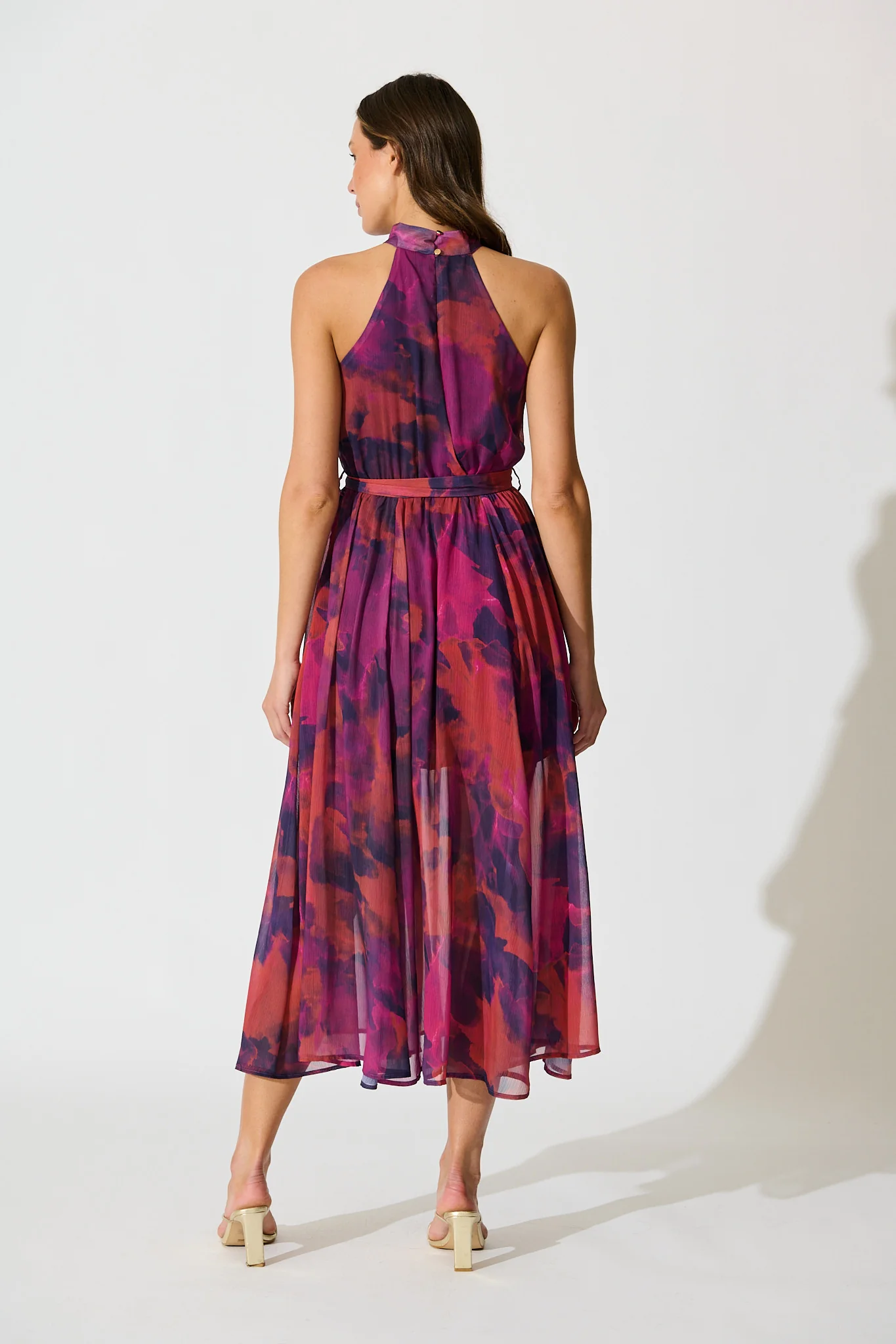 Kiss Me Halter Neck Maxi Dress in Purple Watercolour Chiffon - Image 4