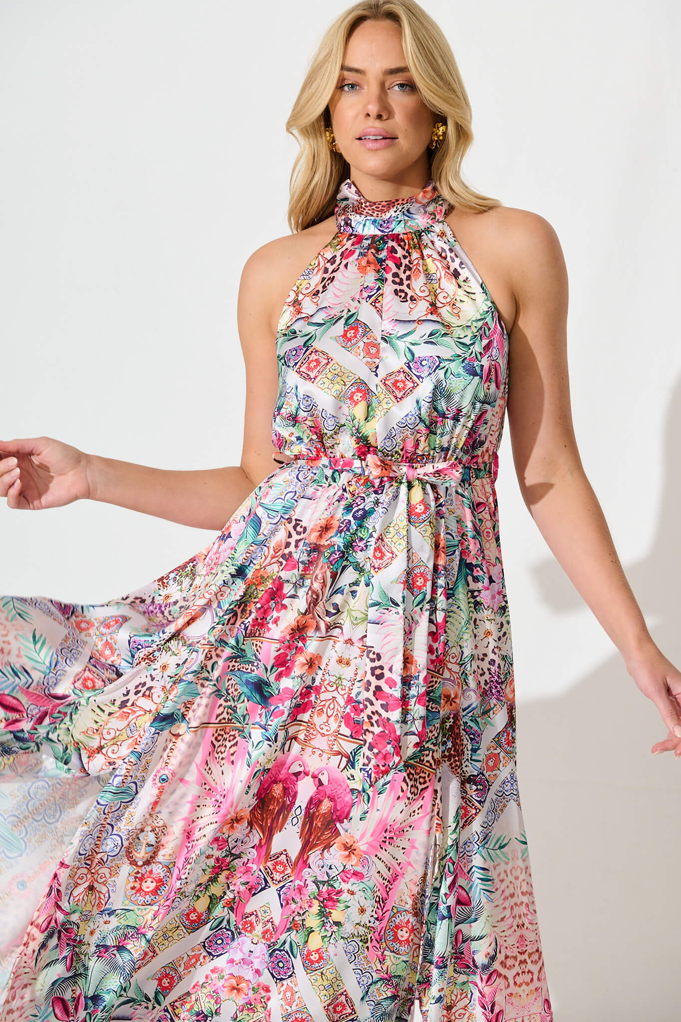 Kiss Me Halter Neck Maxi Dress in White Multi Satin - Image 2