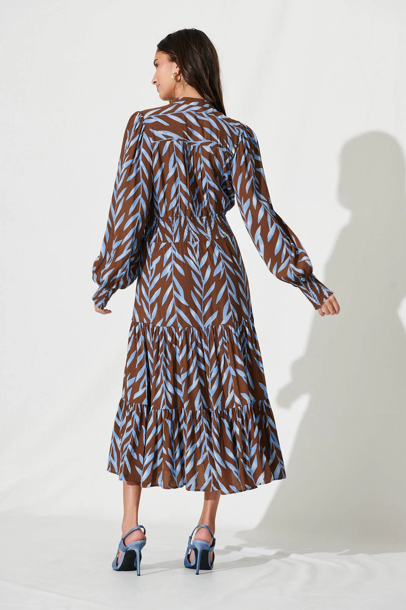 Kori Midi Dress In Chocolate With Blue Leaf Print - Image 4