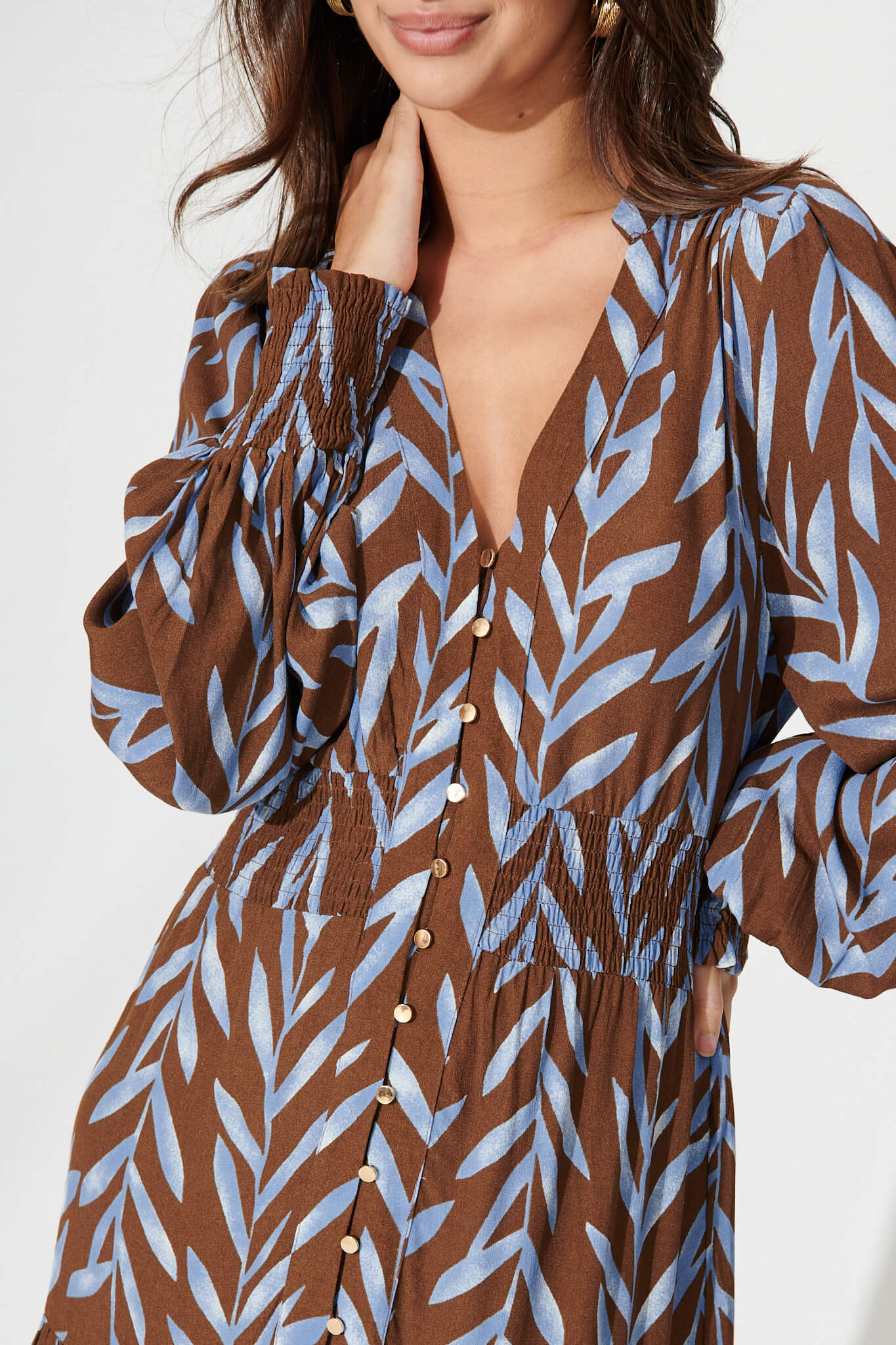 Kori Midi Dress In Chocolate With Blue Leaf Print - Image 5
