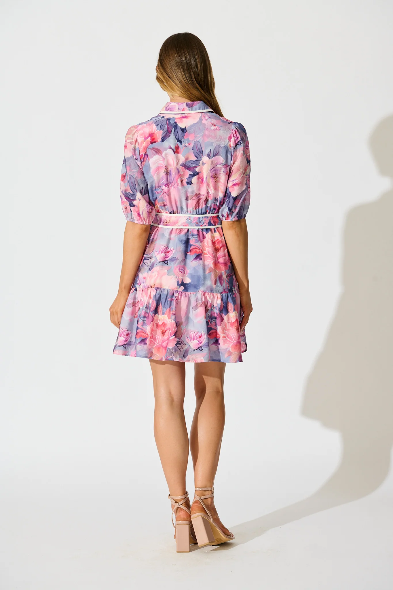Krista Shirt Dress in Blue with Pink Floral Cotton - Image 4