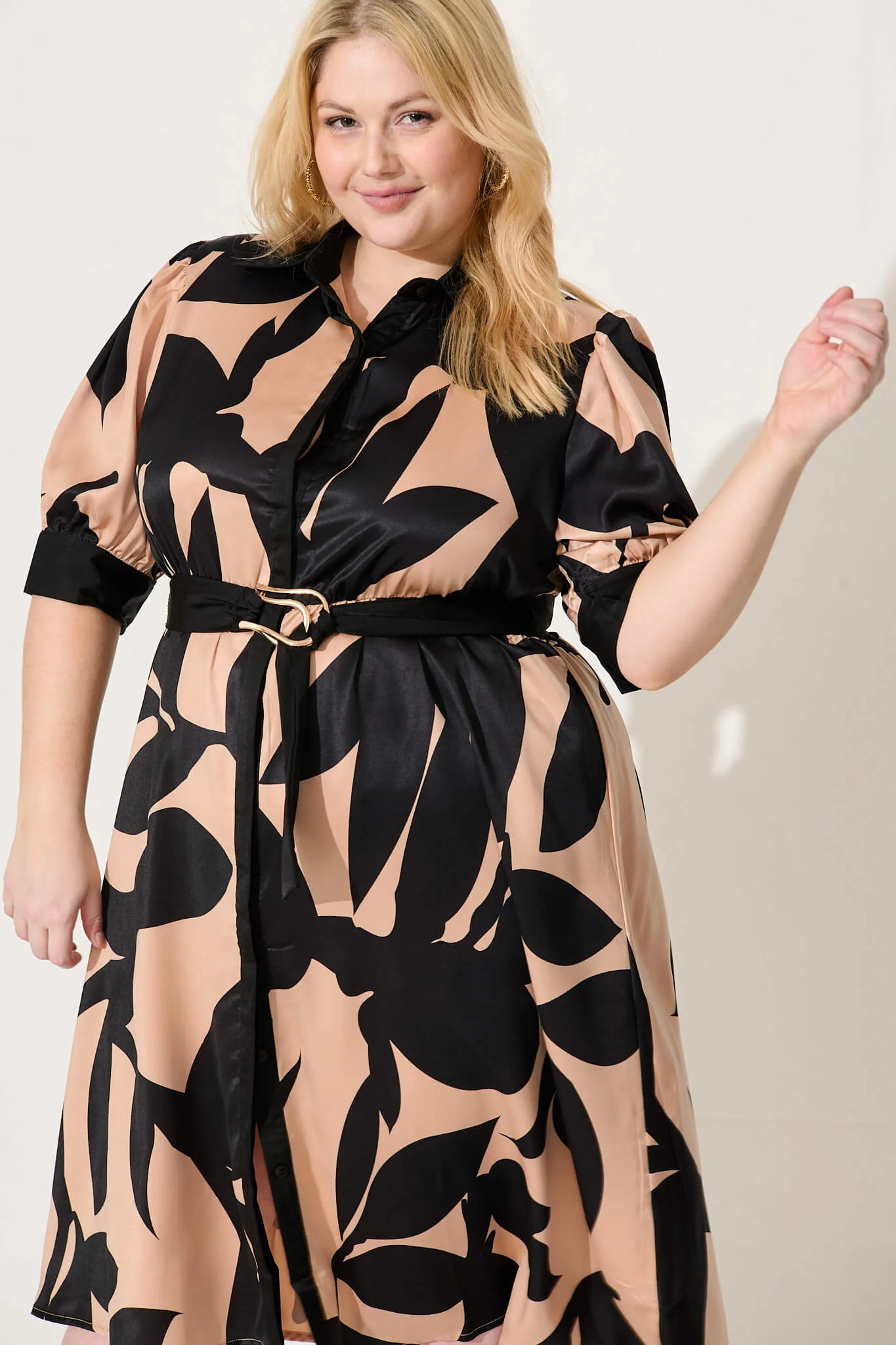 Kristel Shirt Dress In Brown With Black Print Satin - Image 6