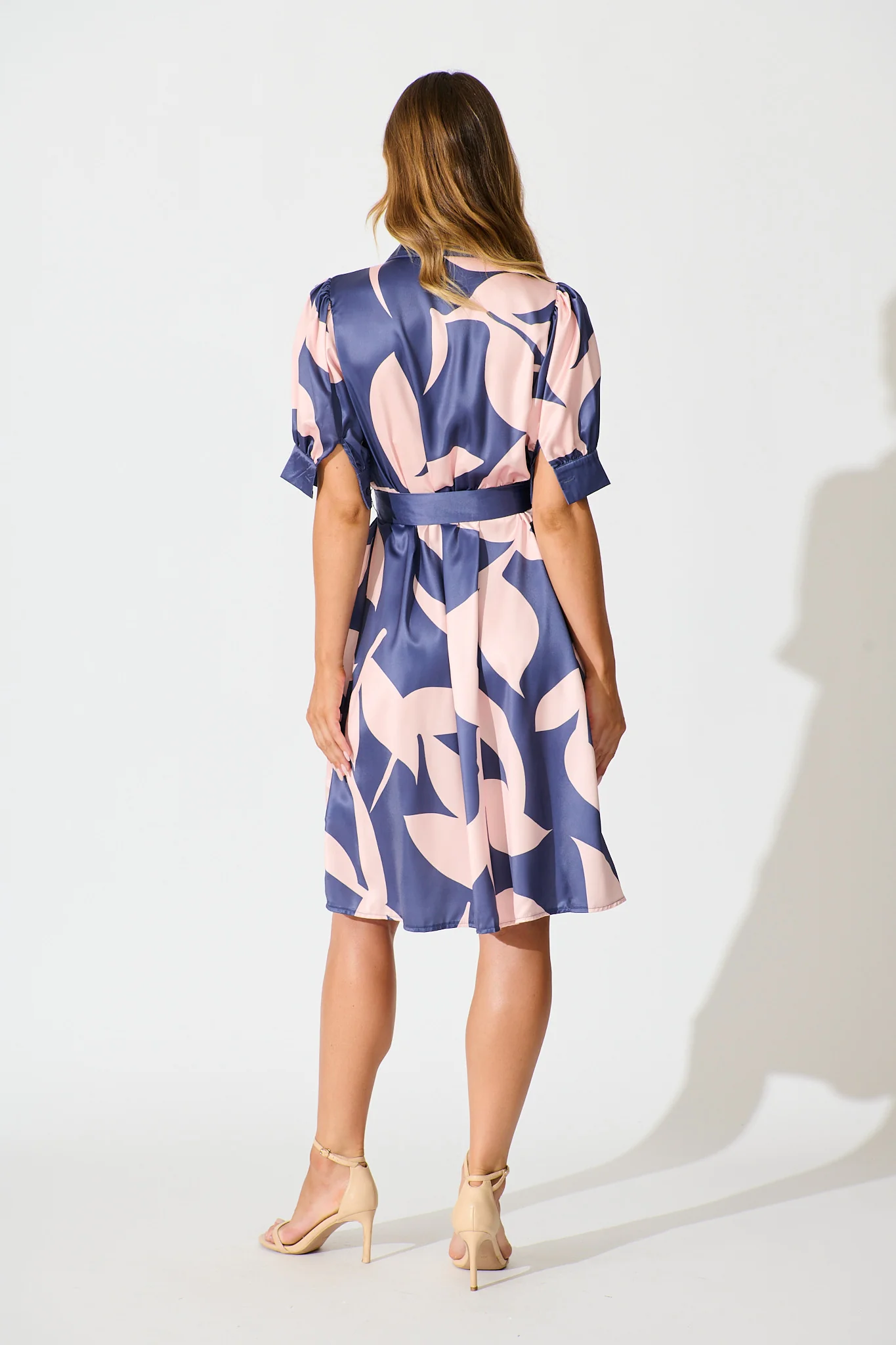 Kristel Shirt Dress In Navy With Blush Print Satin - Image 3