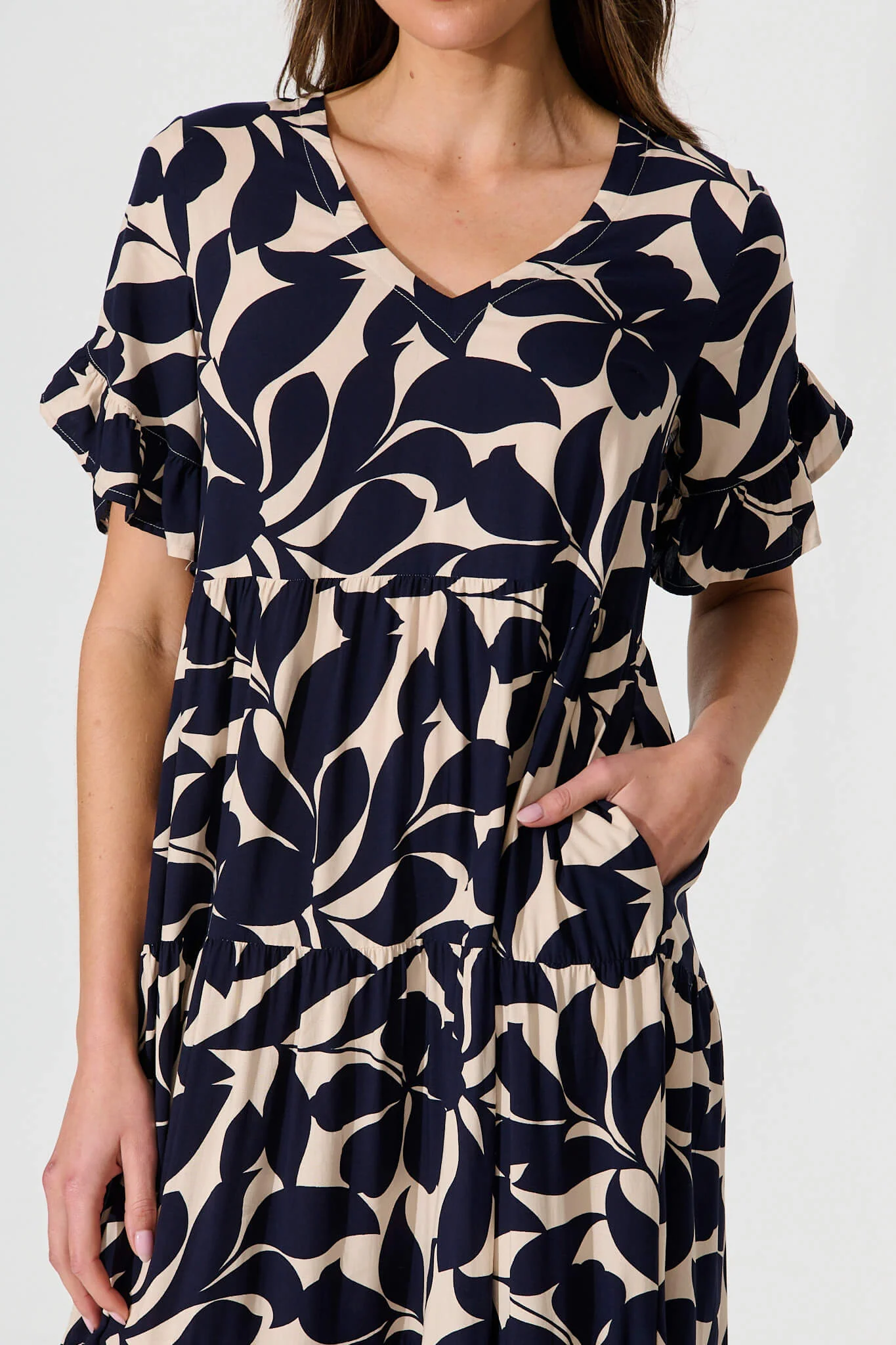 Kristen Midi Smock Dress In Beige With Navy Floral - Image 5