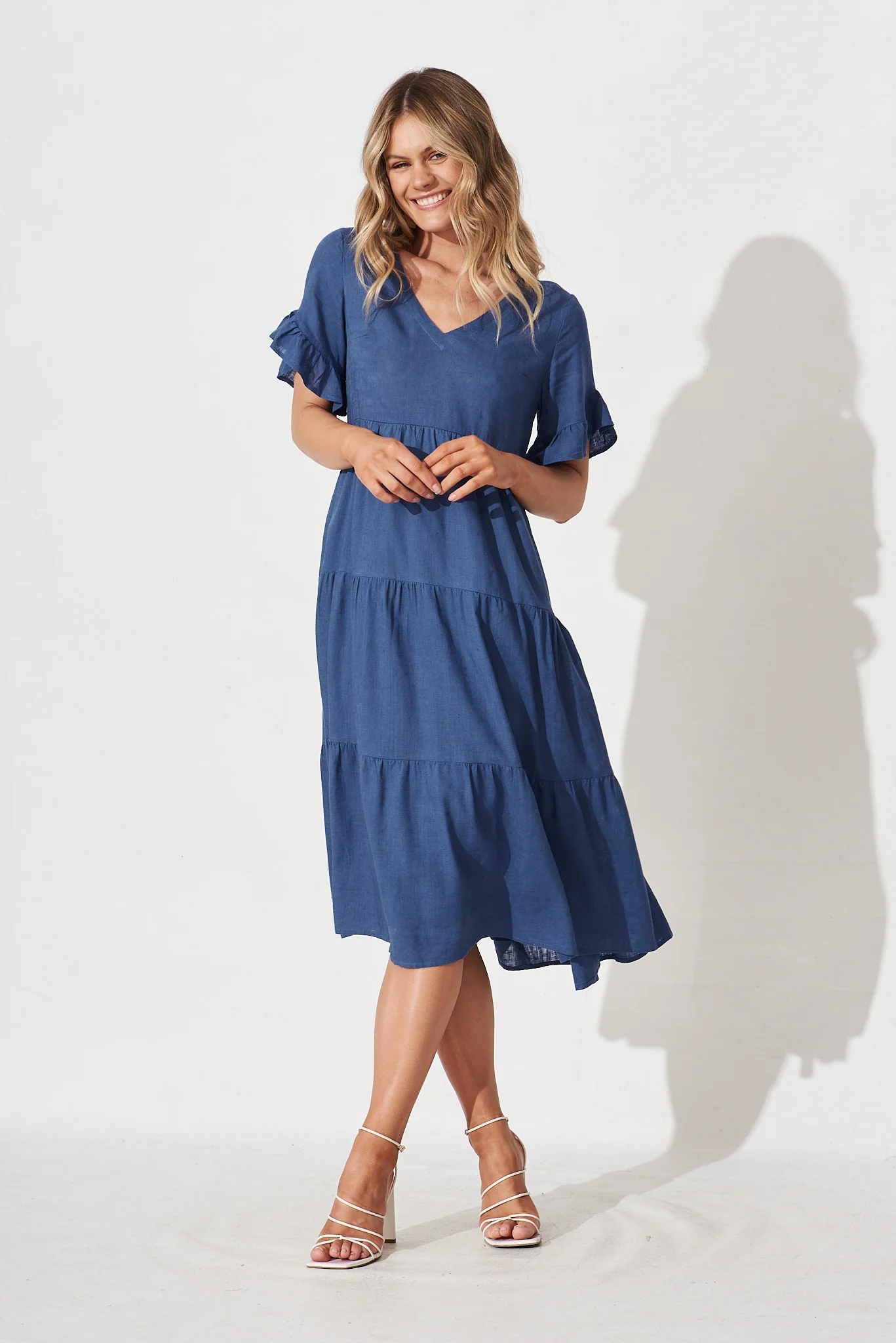 Kristen Midi Smock Dress In Blue Linen Blend - Image 3