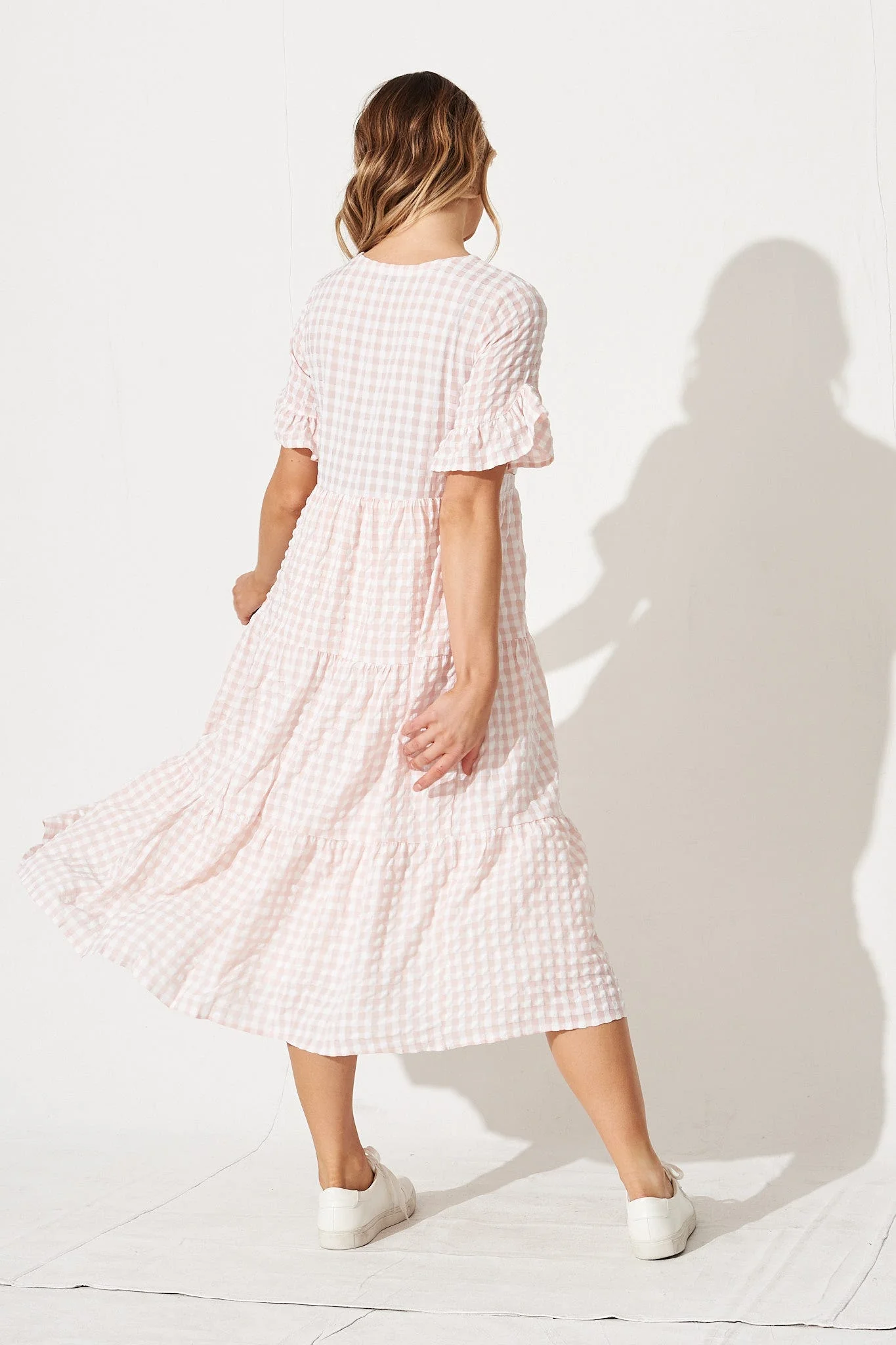 Kristen Midi Smock Dress In Blush Gingham - Image 4