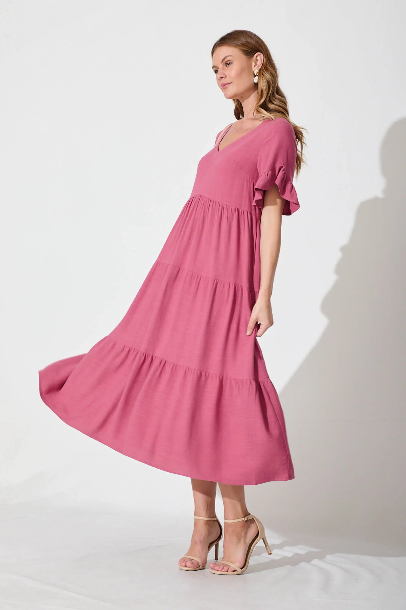 Kristen Midi Smock Dress In Deep Rose Linen Blend - Image 3