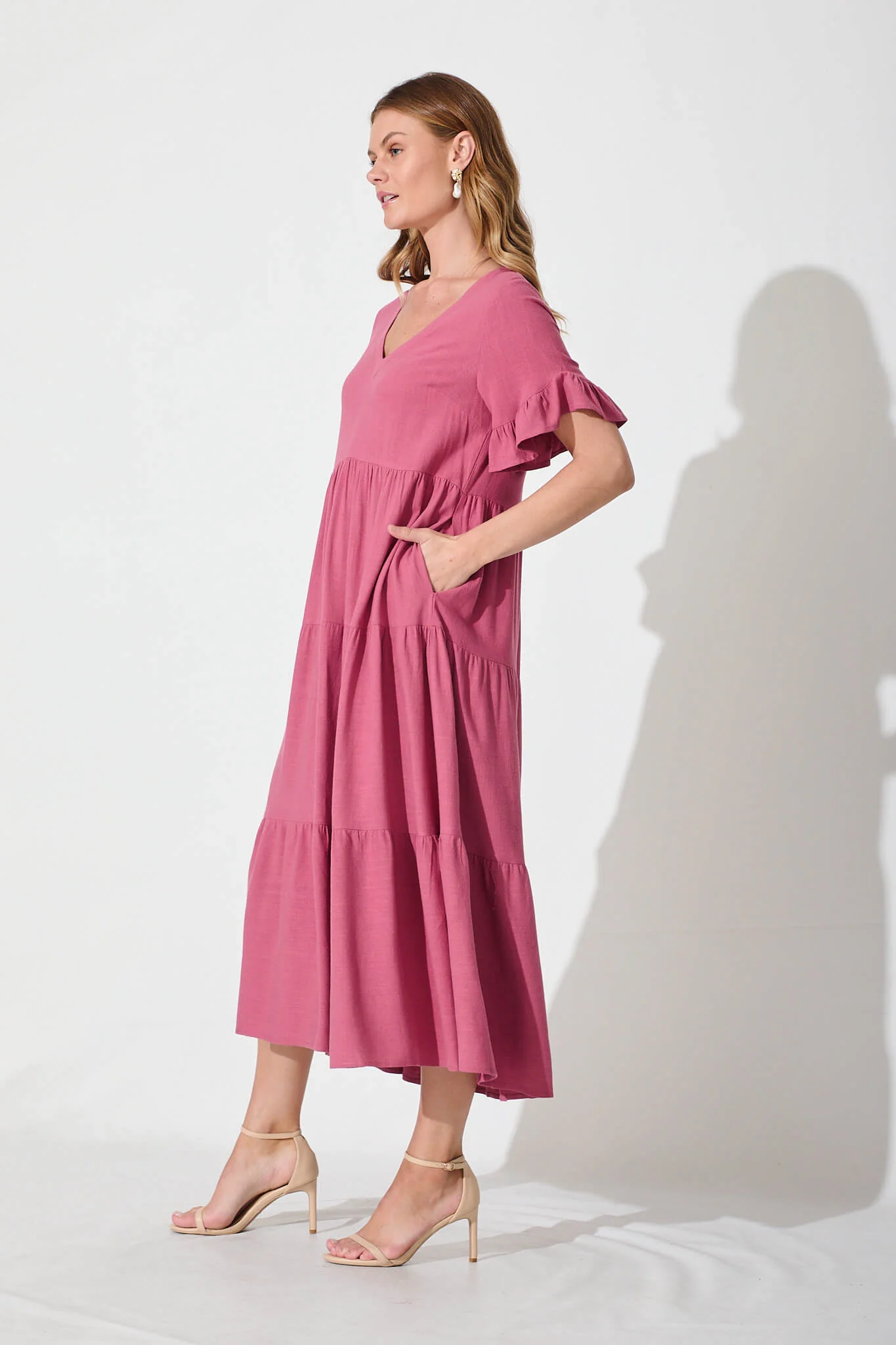 Kristen Midi Smock Dress In Deep Rose Linen Blend - Image 4