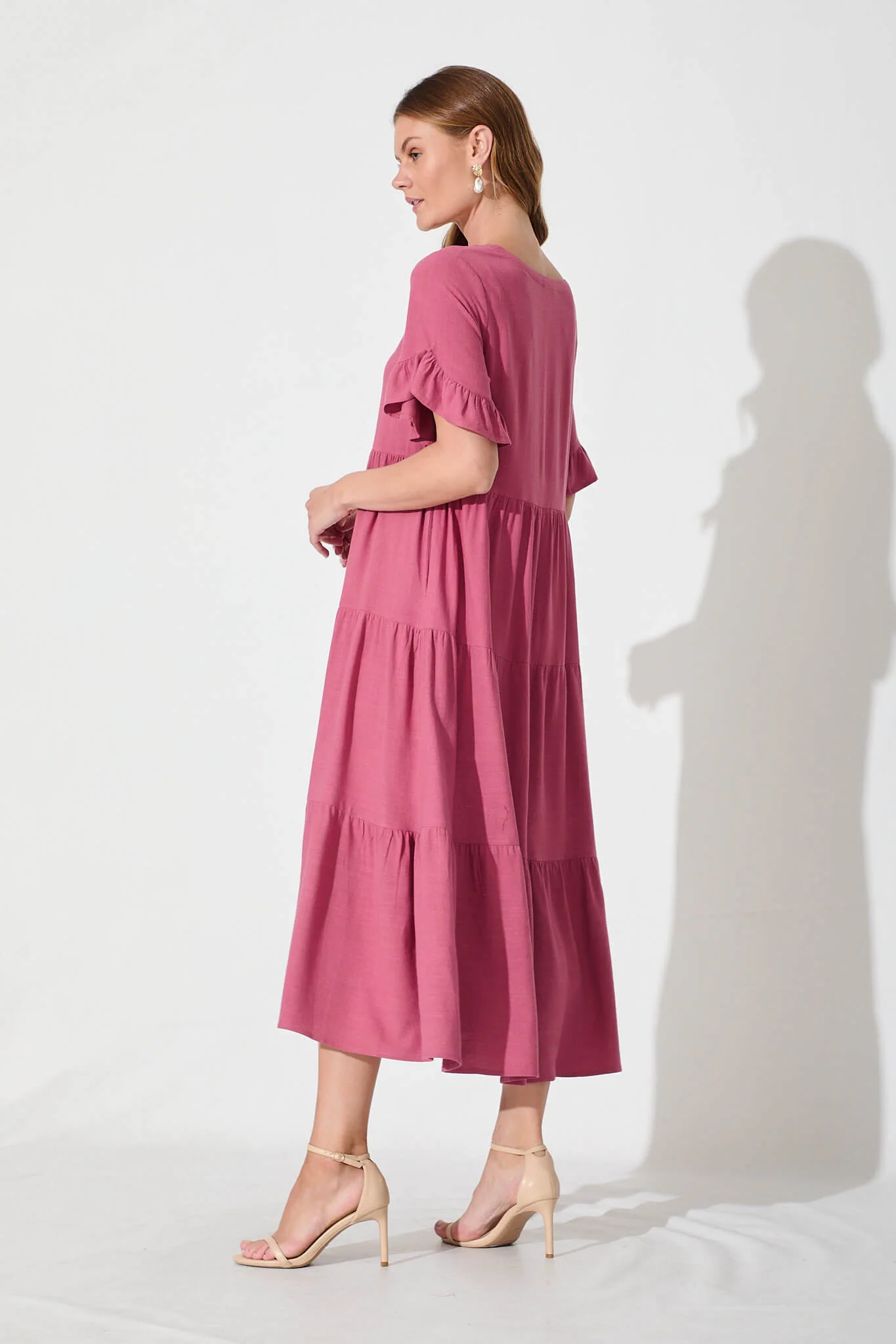 Kristen Midi Smock Dress In Deep Rose Linen Blend - Image 5