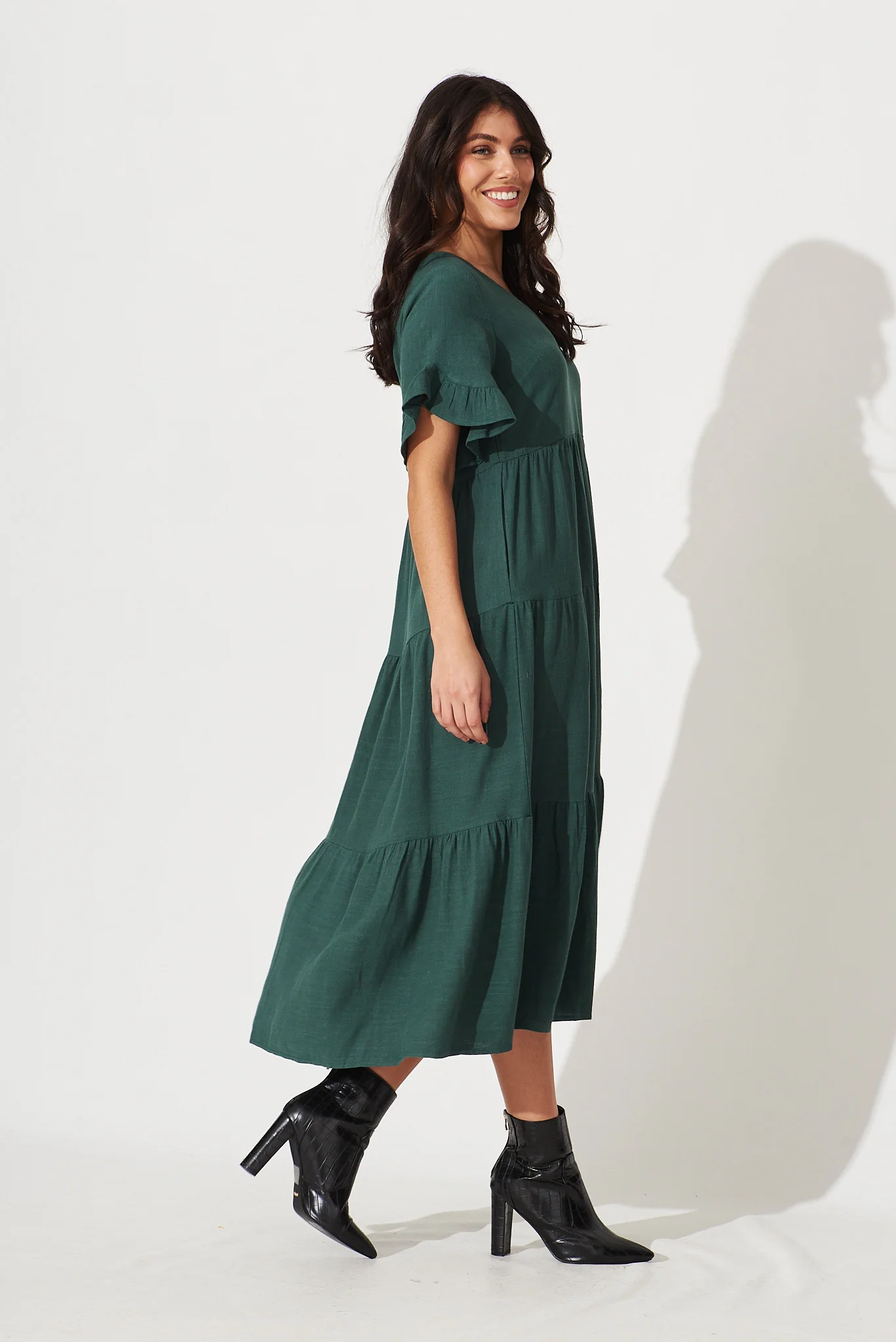 Kristen Midi Smock Dress In Green Linen Blend - Image 4