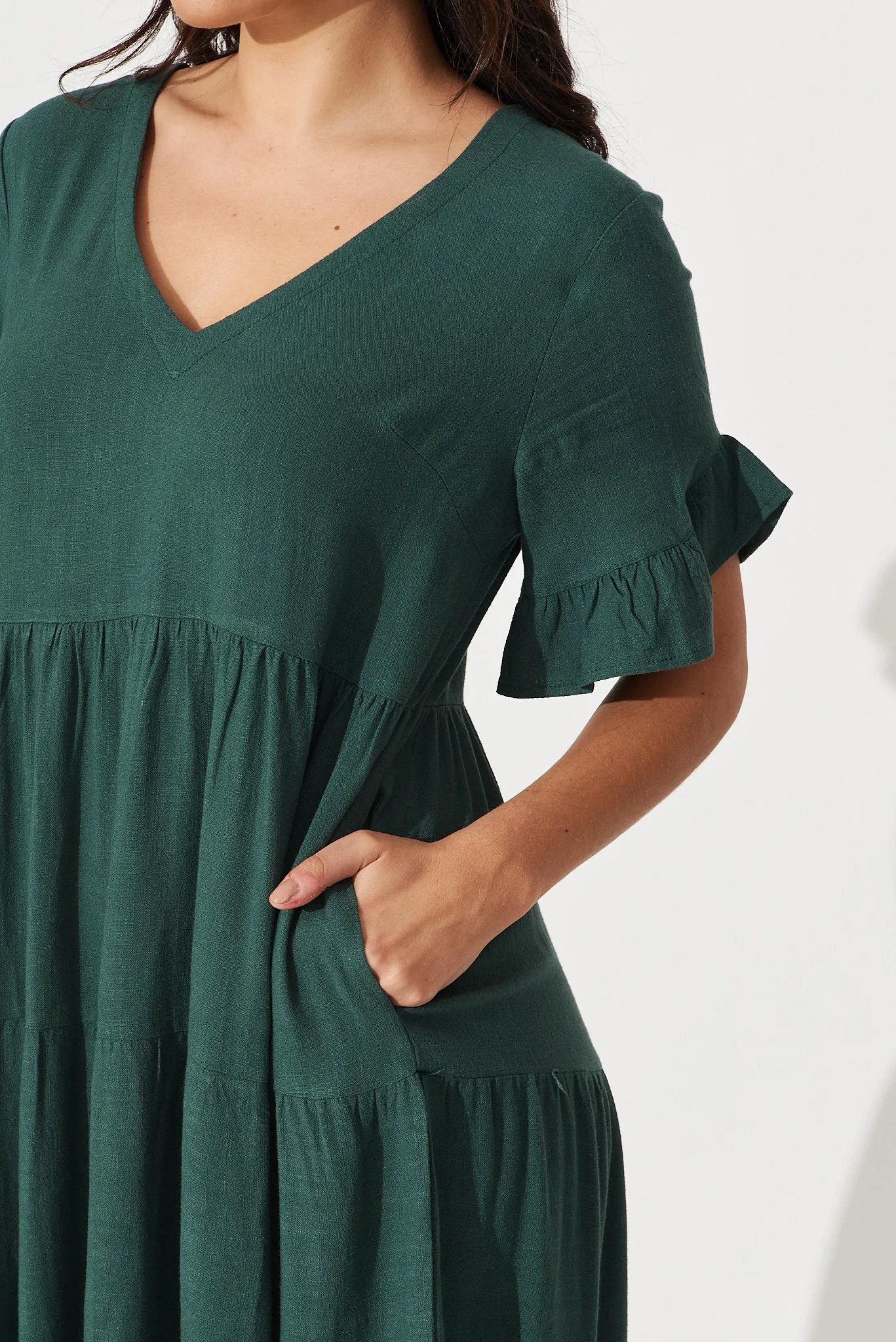 Kristen Midi Smock Dress In Green Linen Blend - Image 6