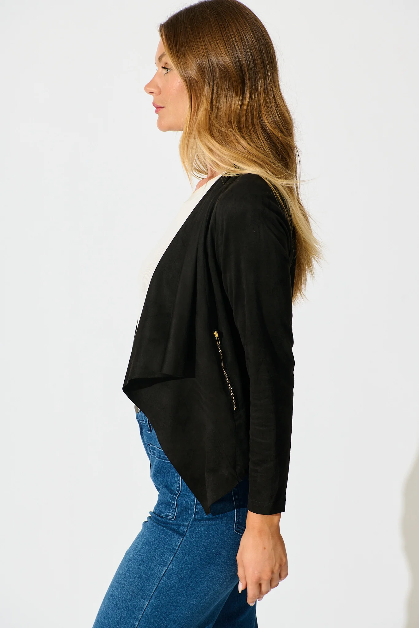 Kylah Waterfall Jacket in Black Suedette - Image 2