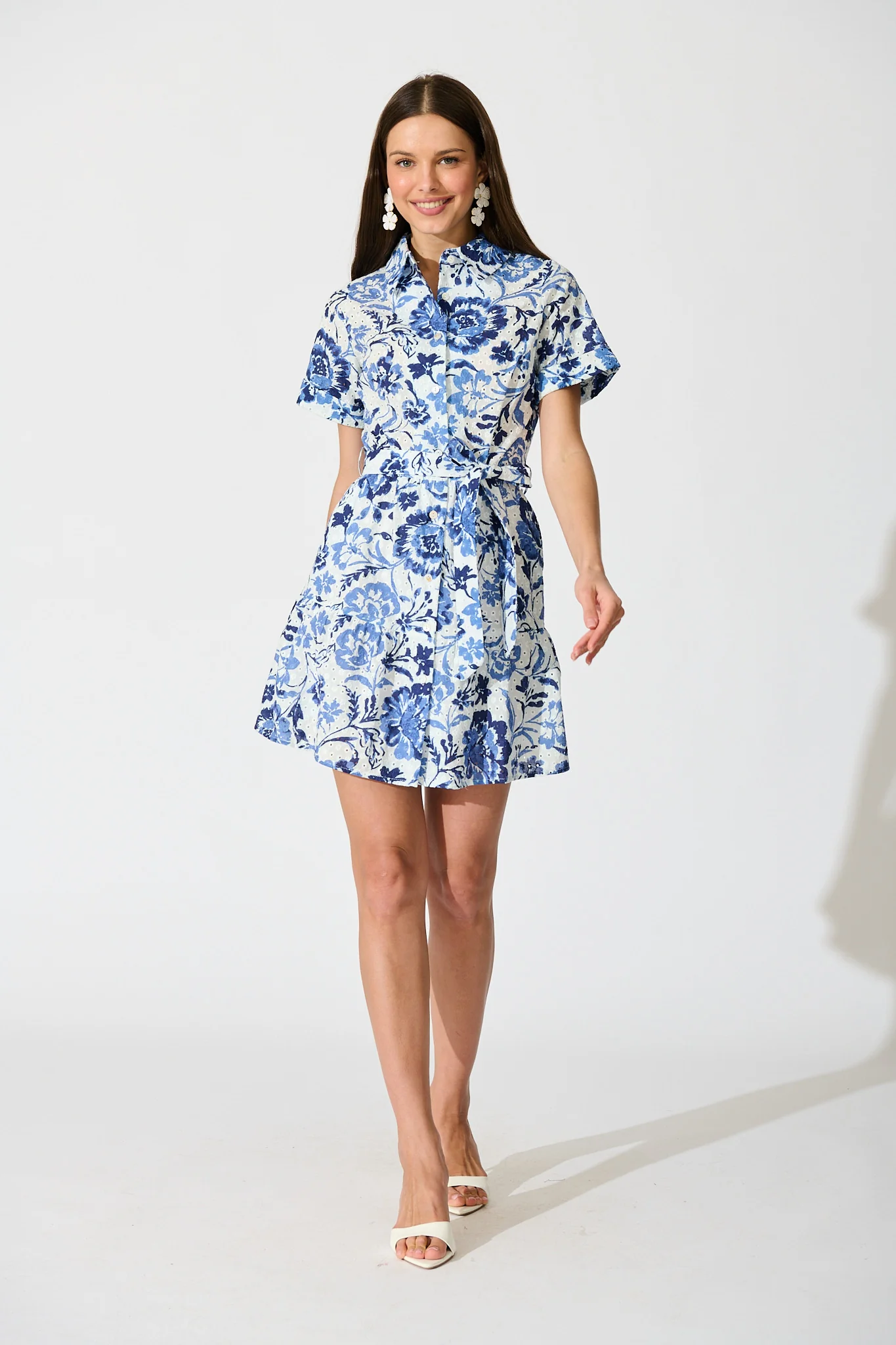 Kylea Shirt Dress in White with Blue Floral Embroidery