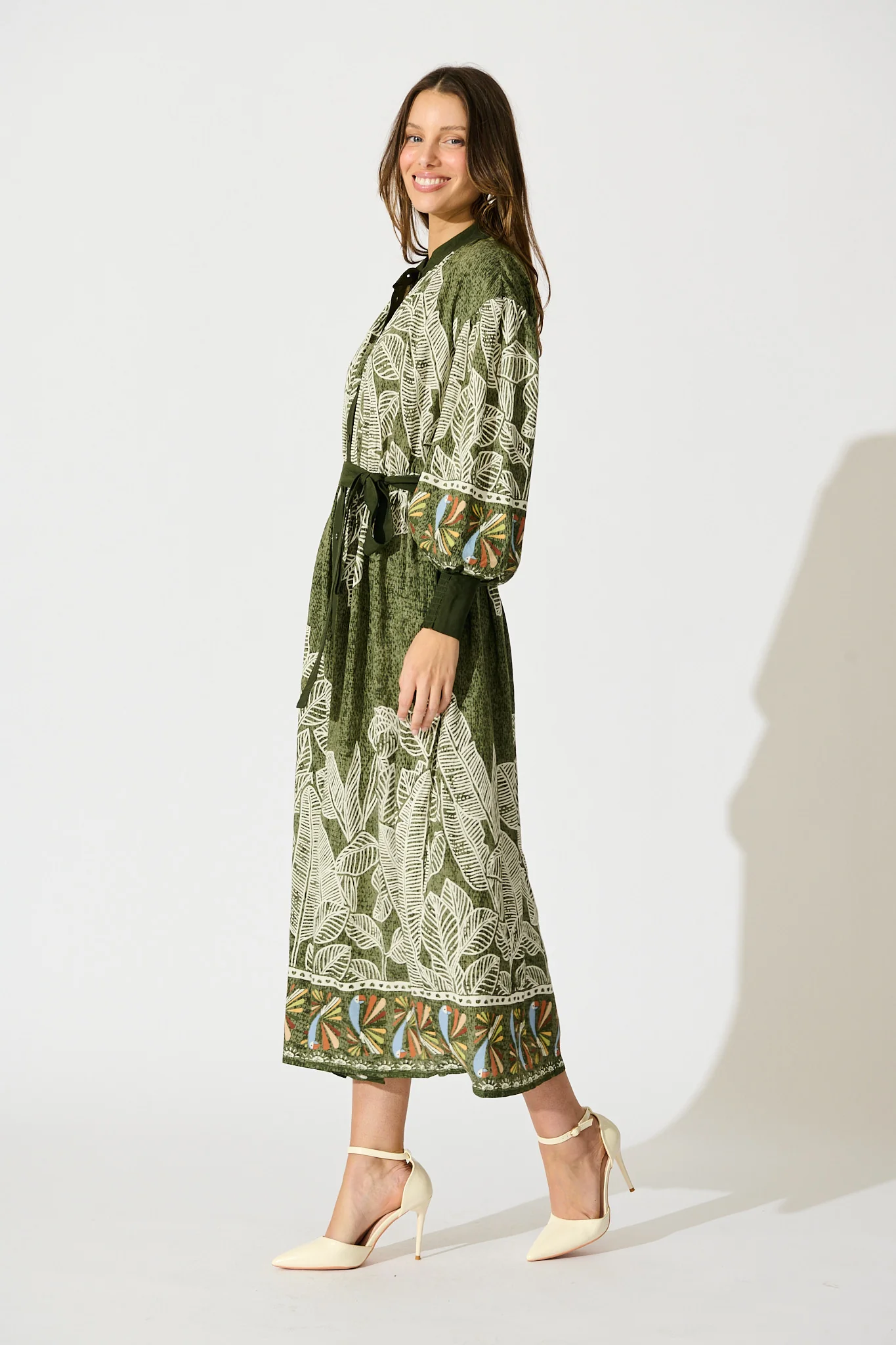 La Palma Maxi Shirt Dress in Green Leaf Border Print - Image 3