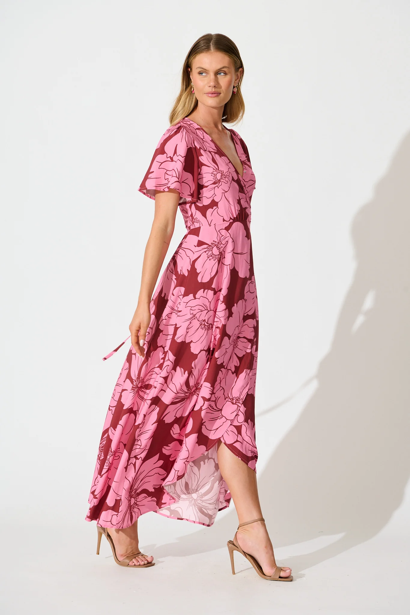 Labyrinth Maxi Wrap Dress in Wine with Pink Floral - Image 3