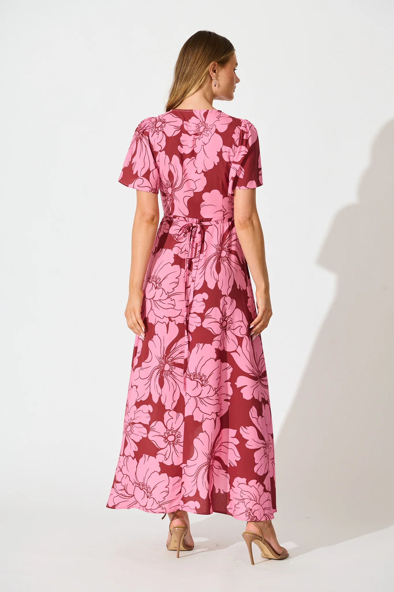Labyrinth Maxi Wrap Dress in Wine with Pink Floral - Image 4