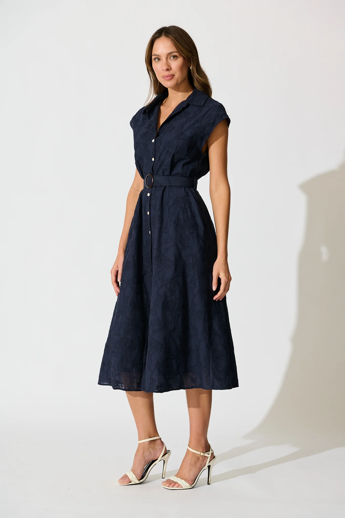 Lace & Love Midi Shirt Dress in Navy Embroidery Cotton - Image 3