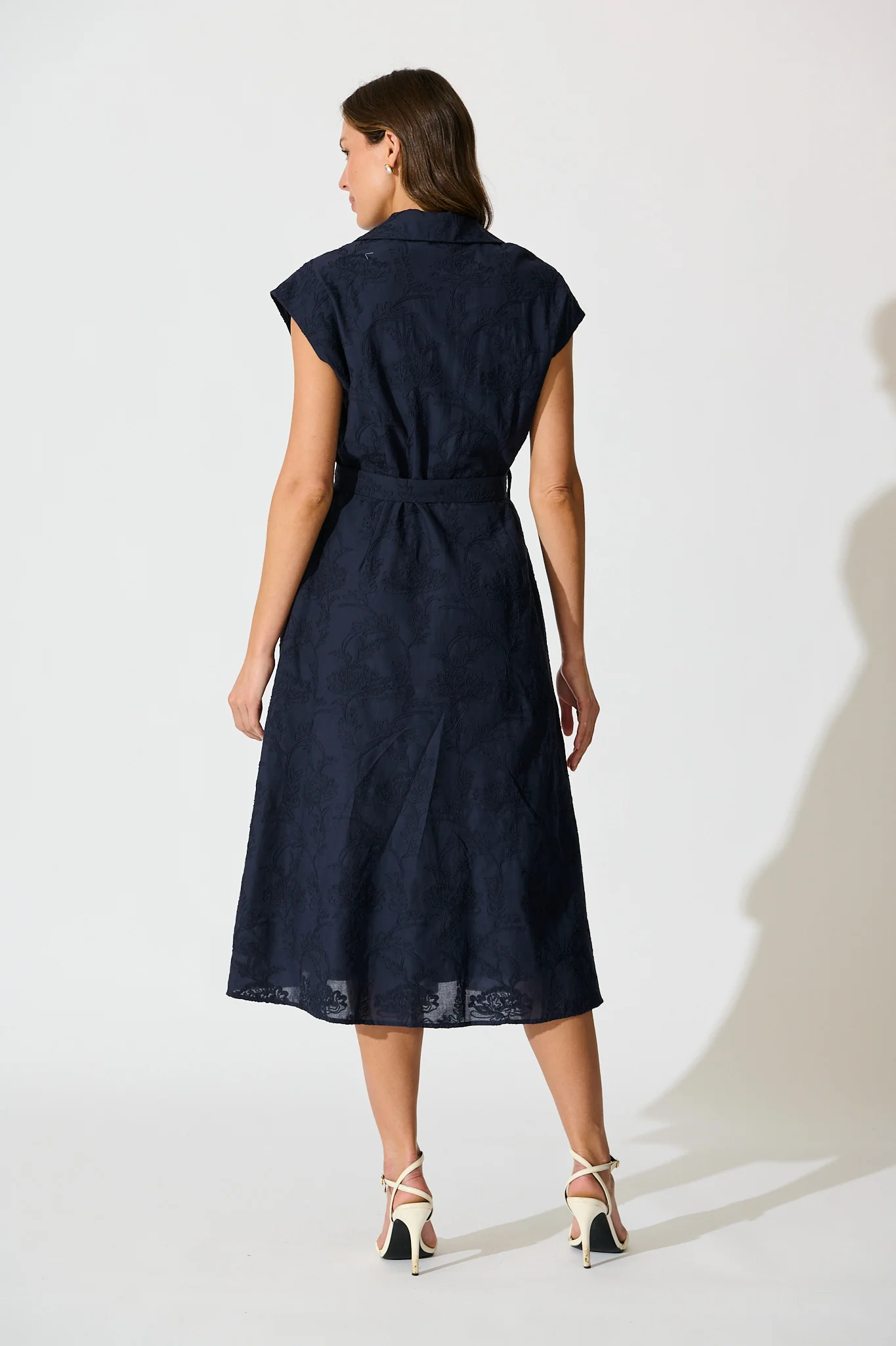Lace & Love Midi Shirt Dress in Navy Embroidery Cotton - Image 4