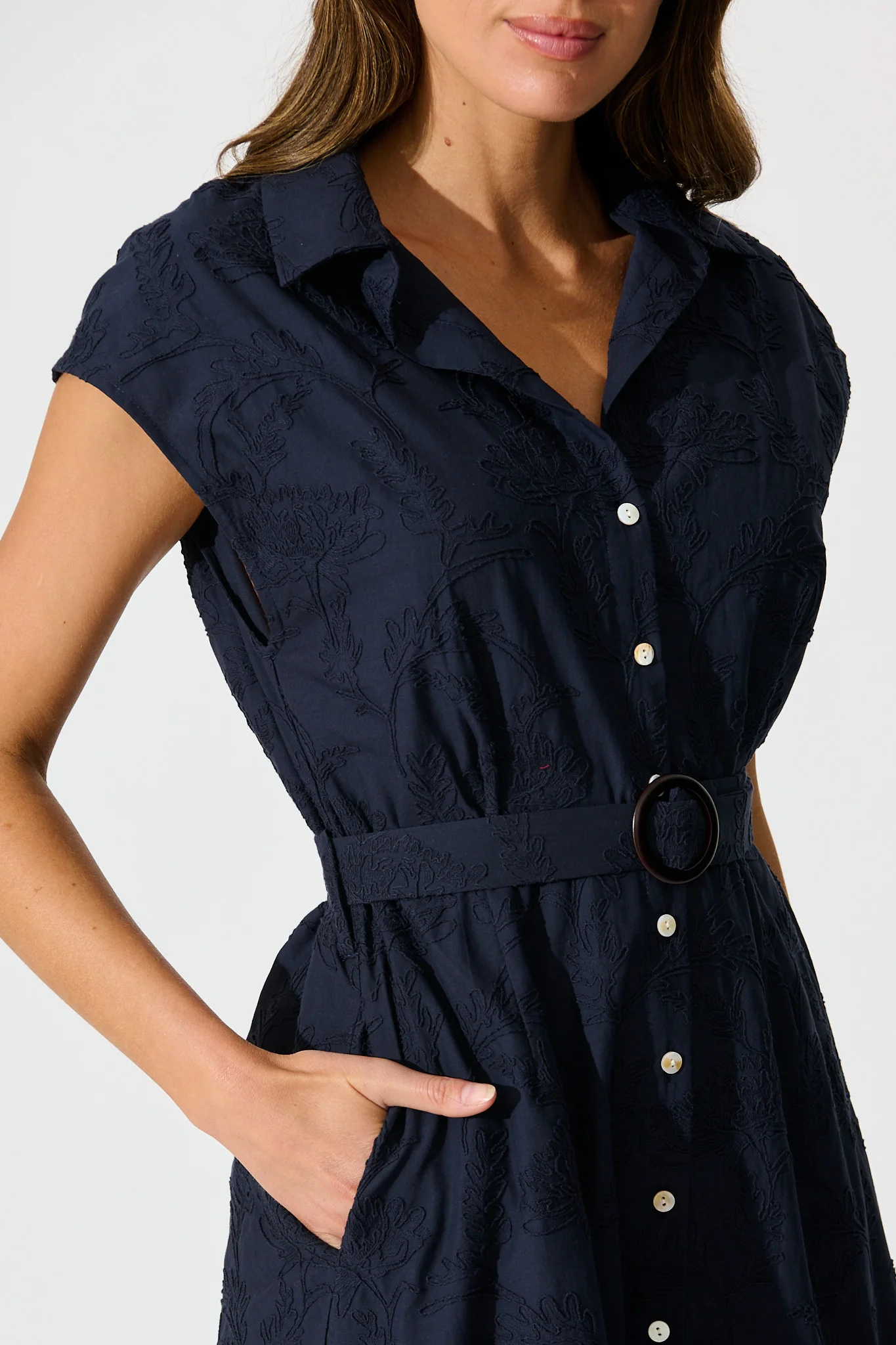 Lace & Love Midi Shirt Dress in Navy Embroidery Cotton - Image 5