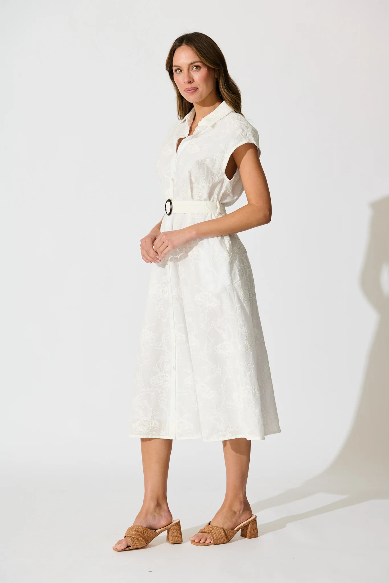 Lace & Love Midi Shirt Dress in White Embroidery Cotton - Image 3