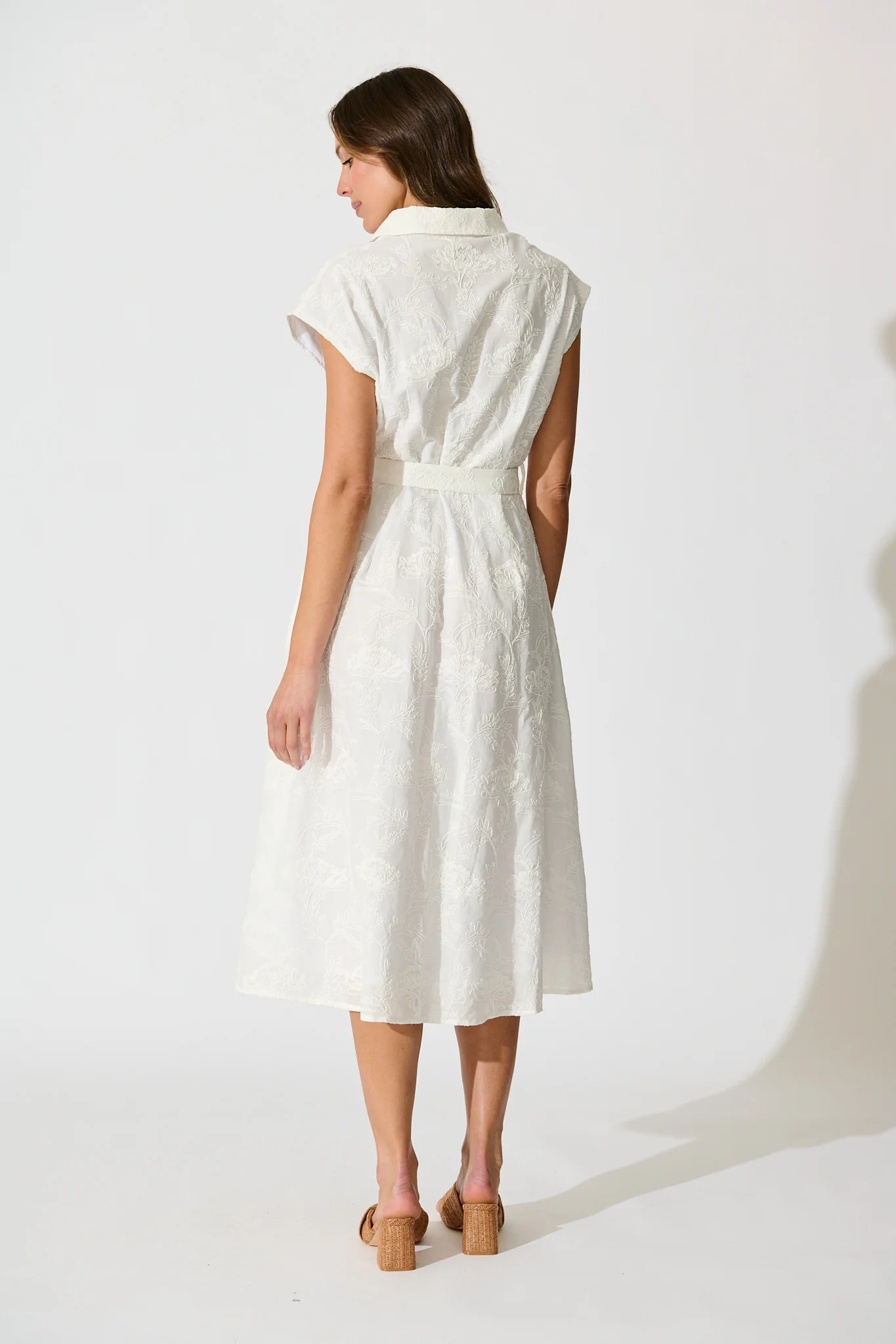 Lace & Love Midi Shirt Dress in White Embroidery Cotton - Image 4