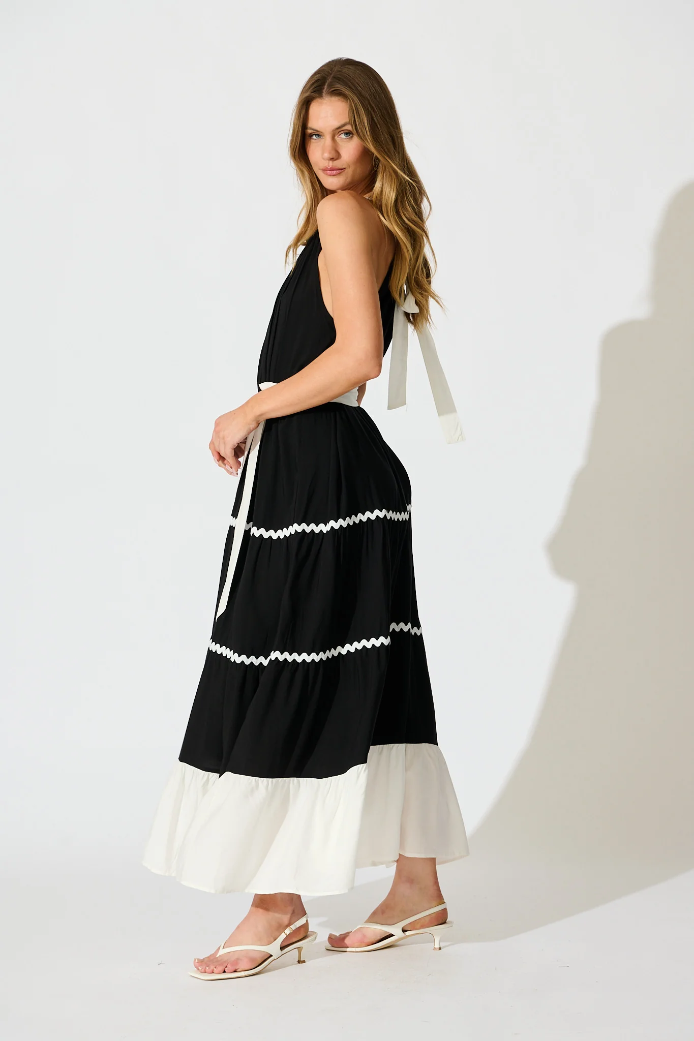 Lachay Maxi Dress in Black with White Ric Rac Trim - Image 3