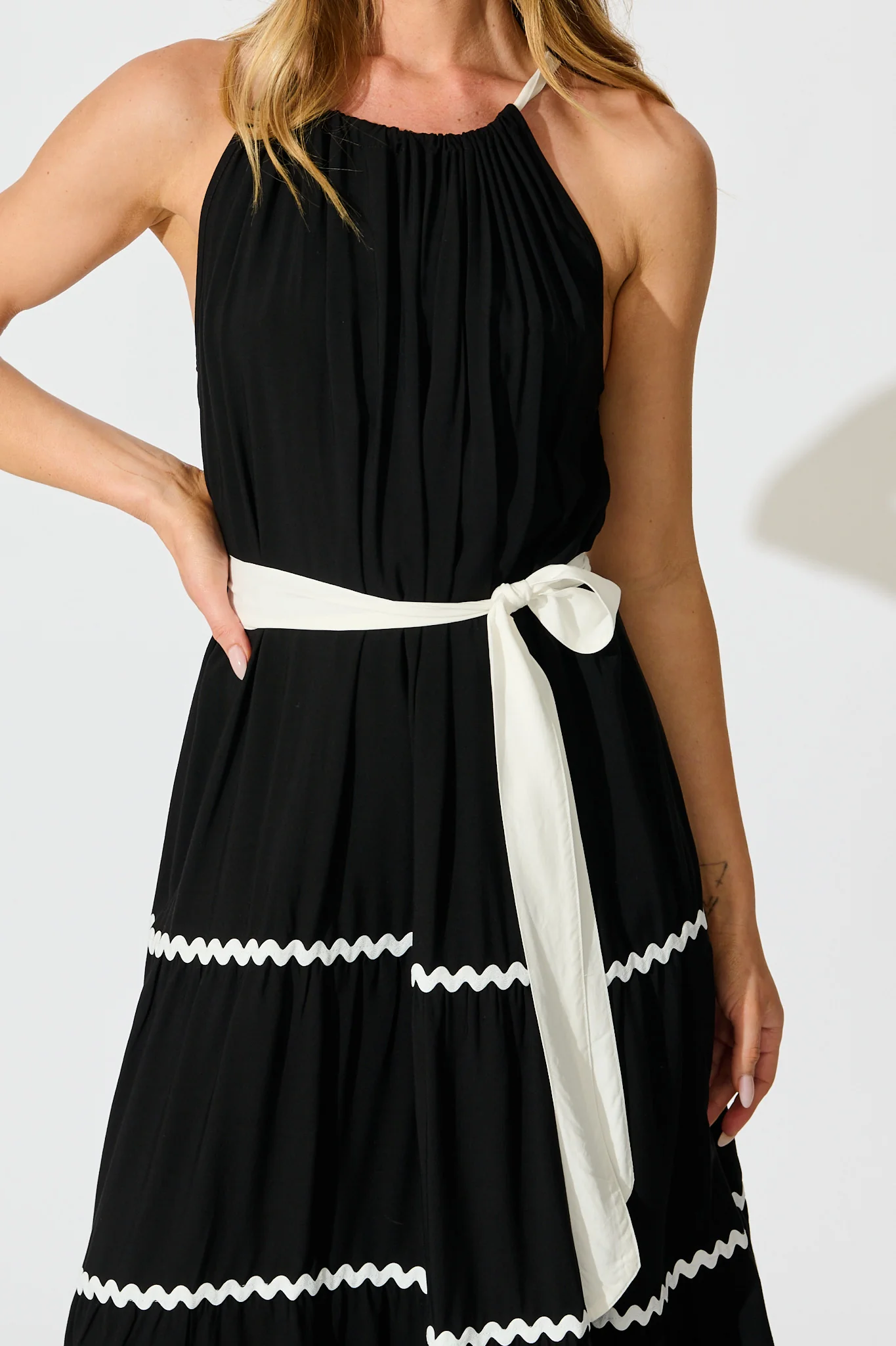 Lachay Maxi Dress in Black with White Ric Rac Trim - Image 5