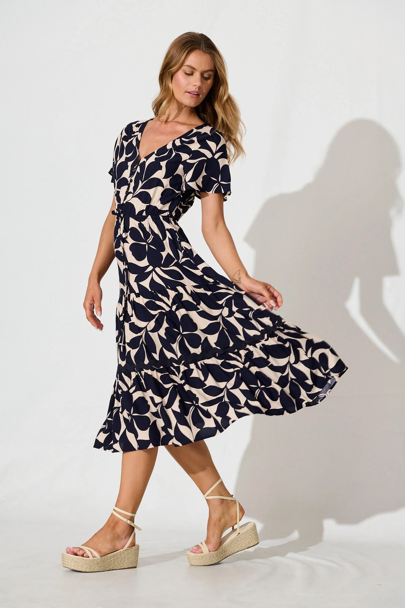 Laconia Midi Dress In Navy Leaf With Ric Rac Trim - Image 3