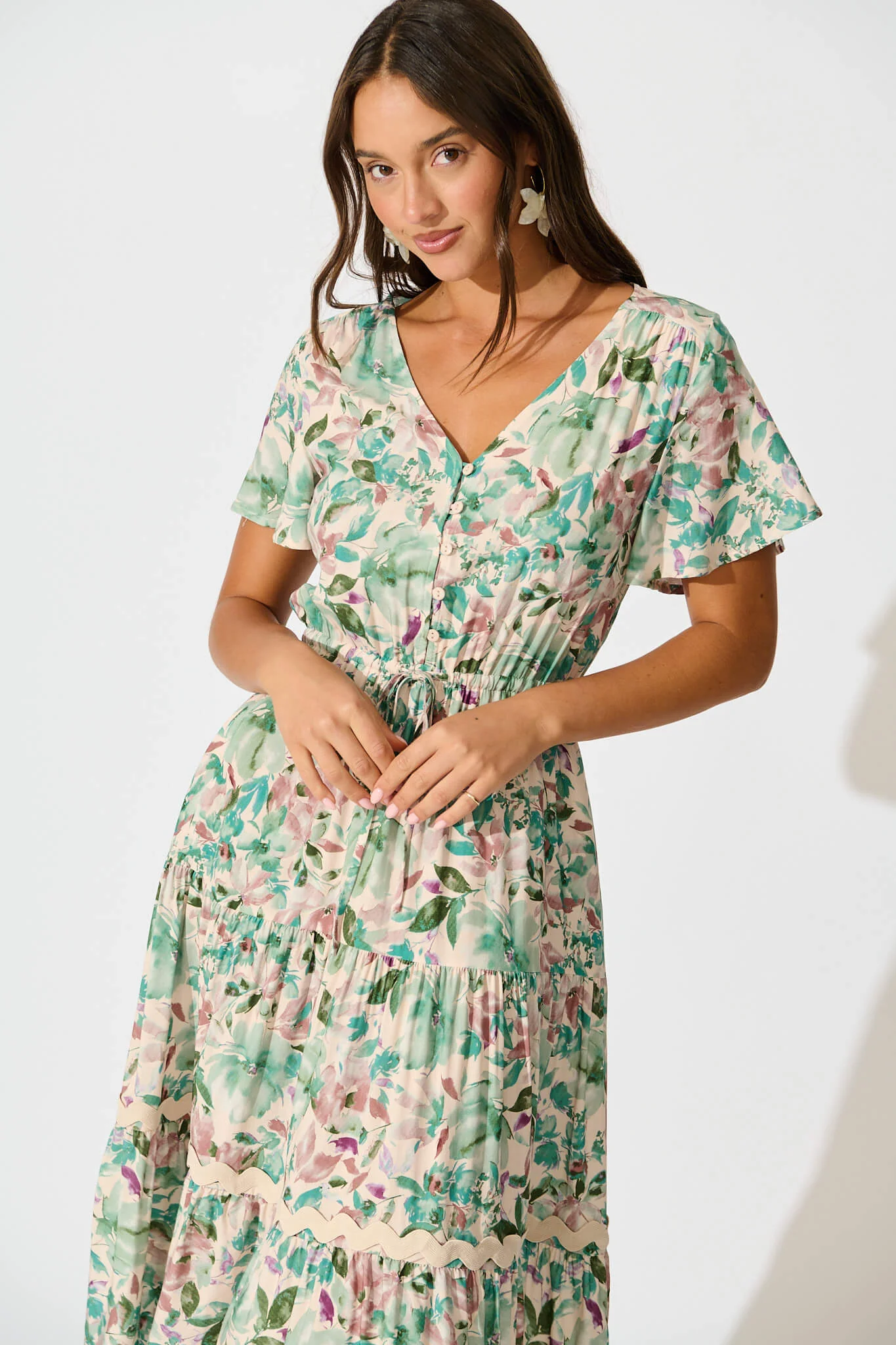 Laconia Midi Dress In White With Teal Floral - Image 2