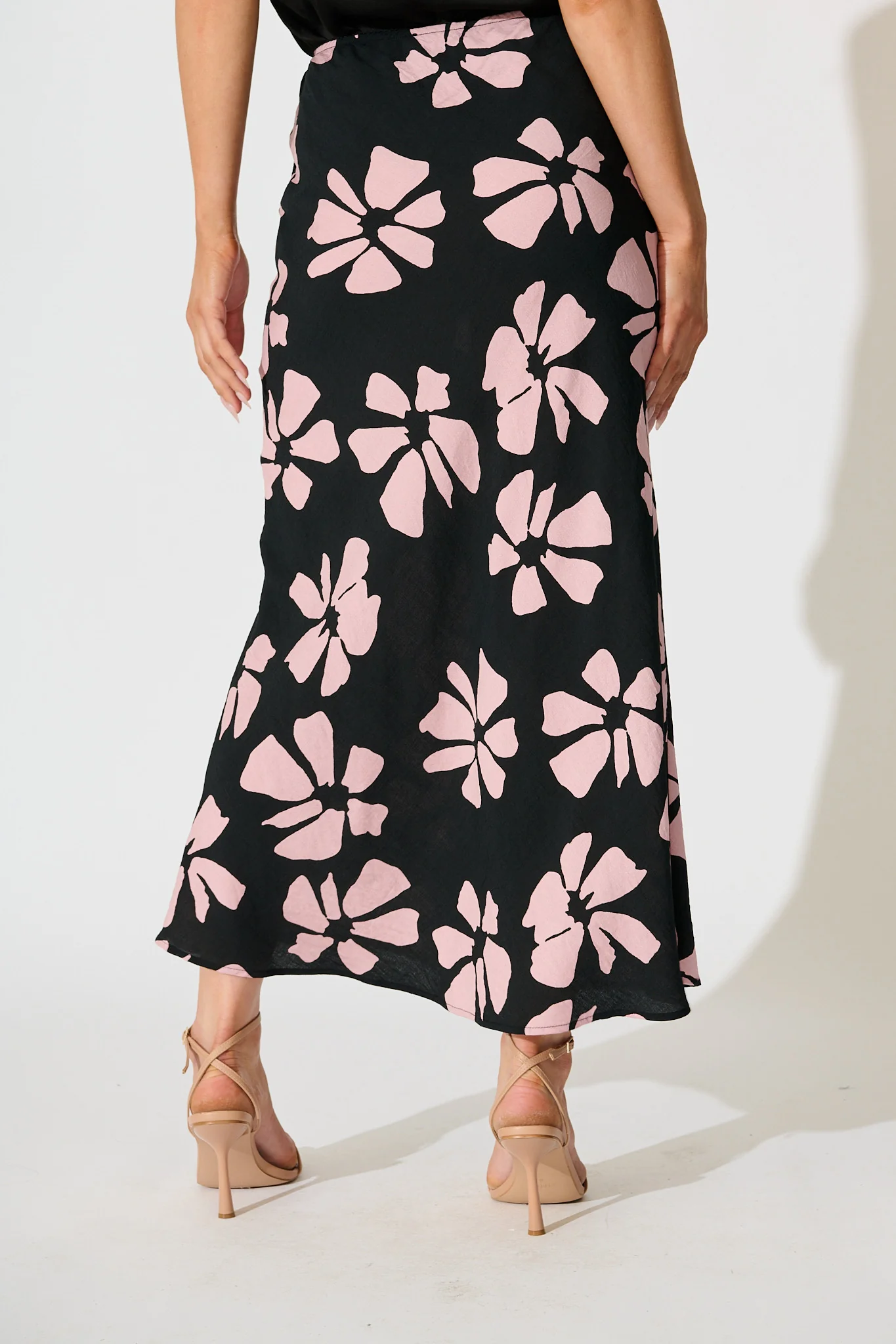 Lanah Maxi Skirt in Black with Pink Flower Print - Image 3