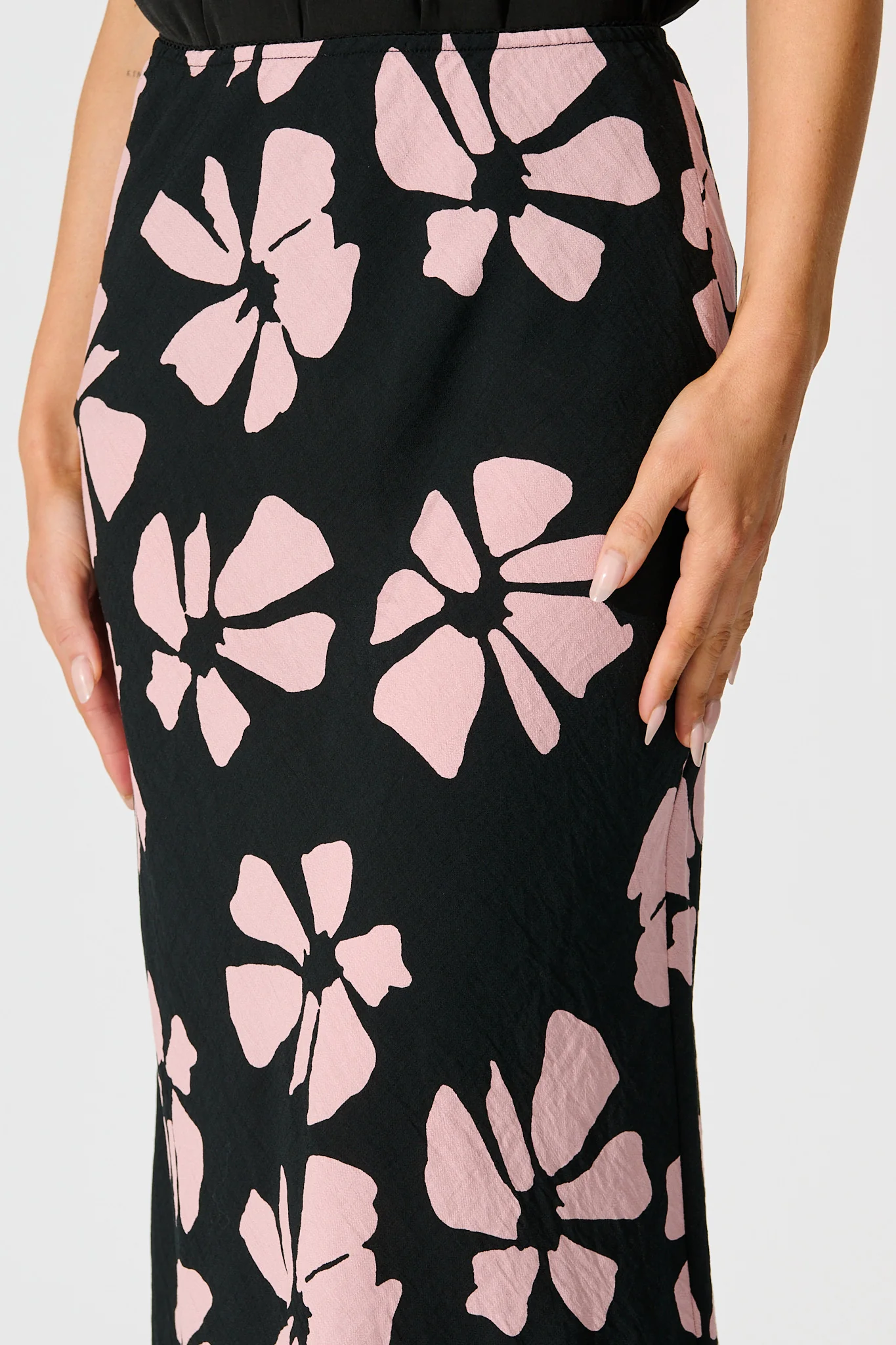 Lanah Maxi Skirt in Black with Pink Flower Print - Image 6