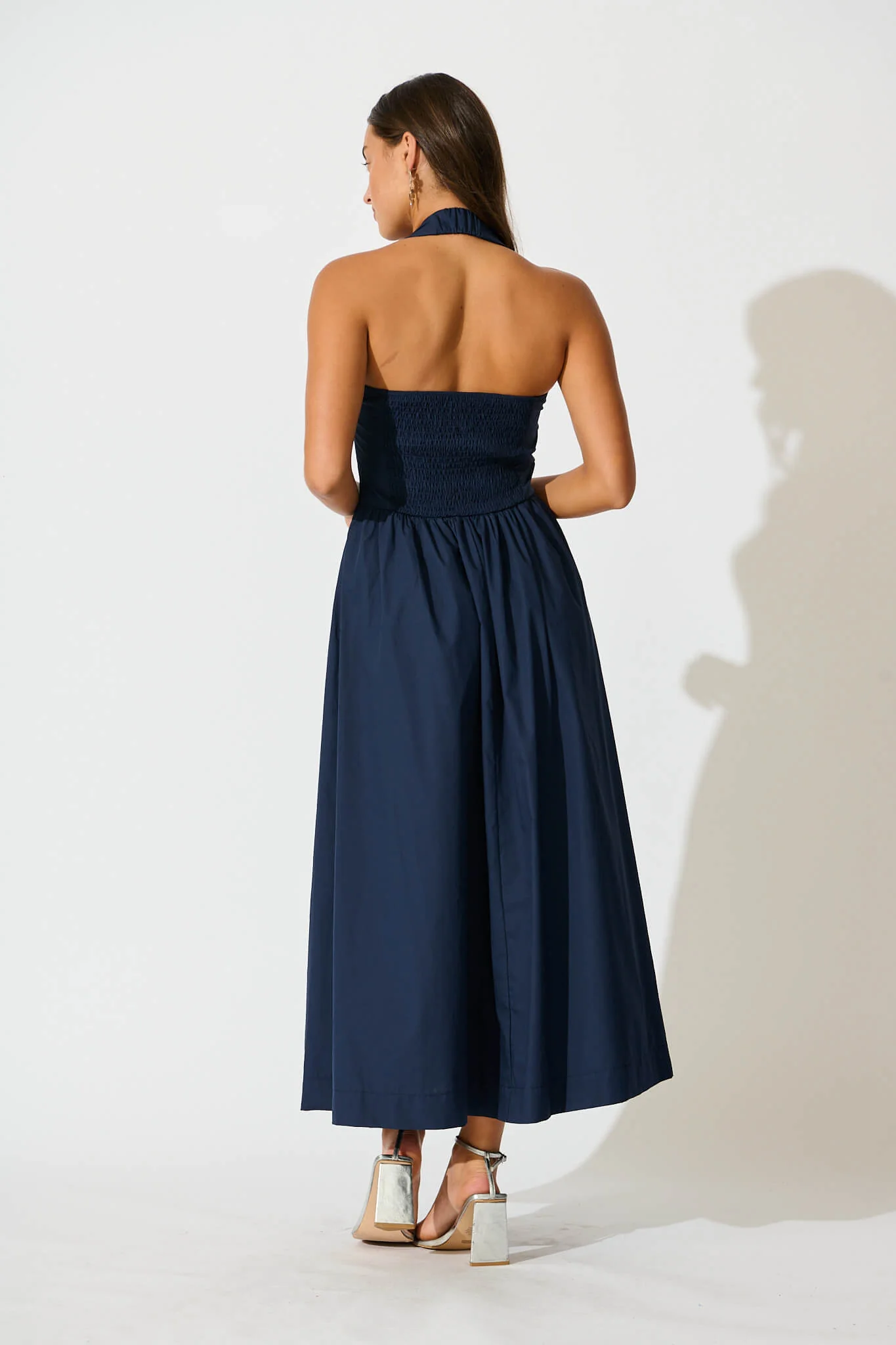 Lanna Halter Neck Maxi Dress in Navy Cotton - Image 8