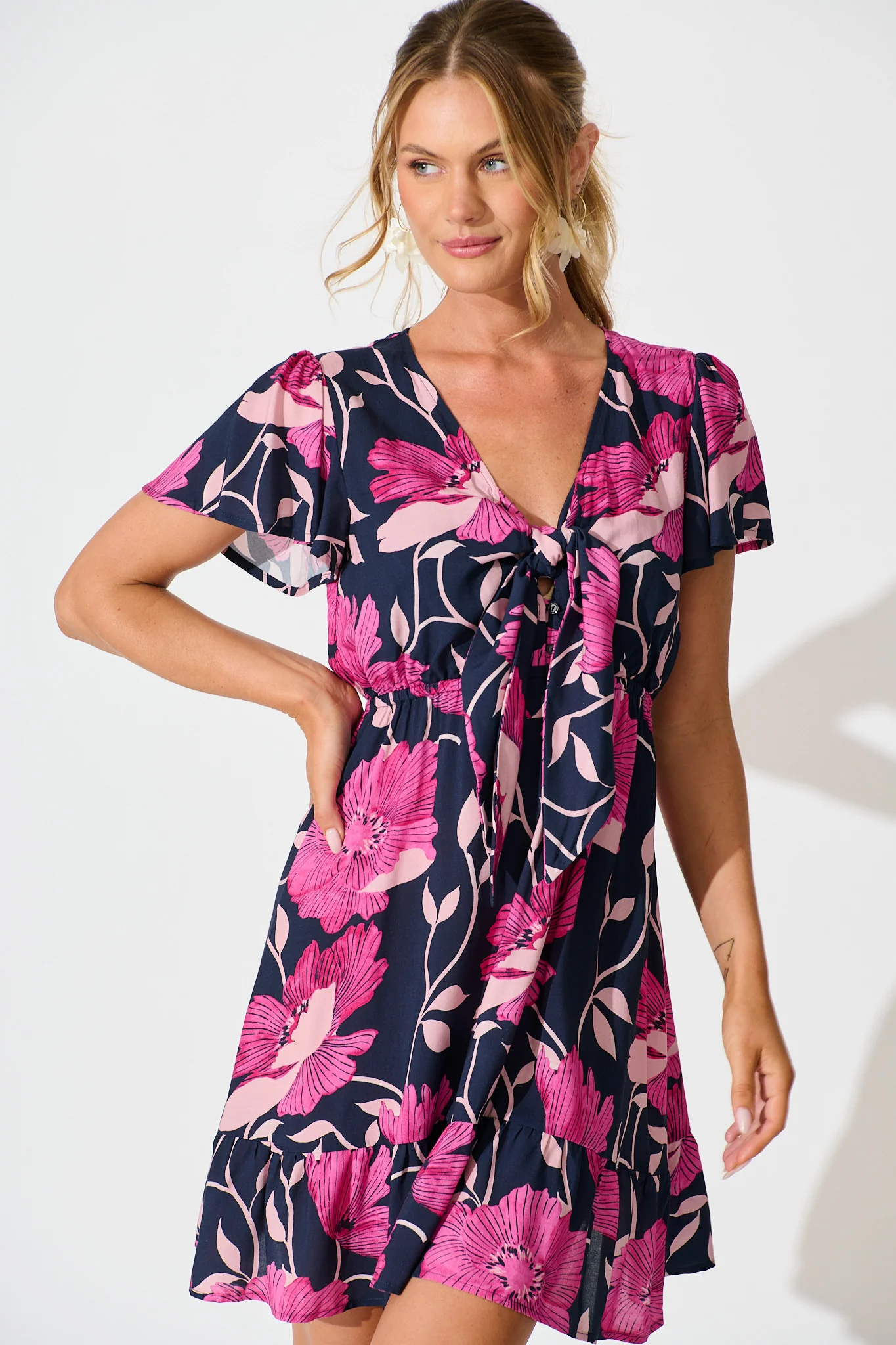 Lara Dress In Navy with Pink Floral - Image 2