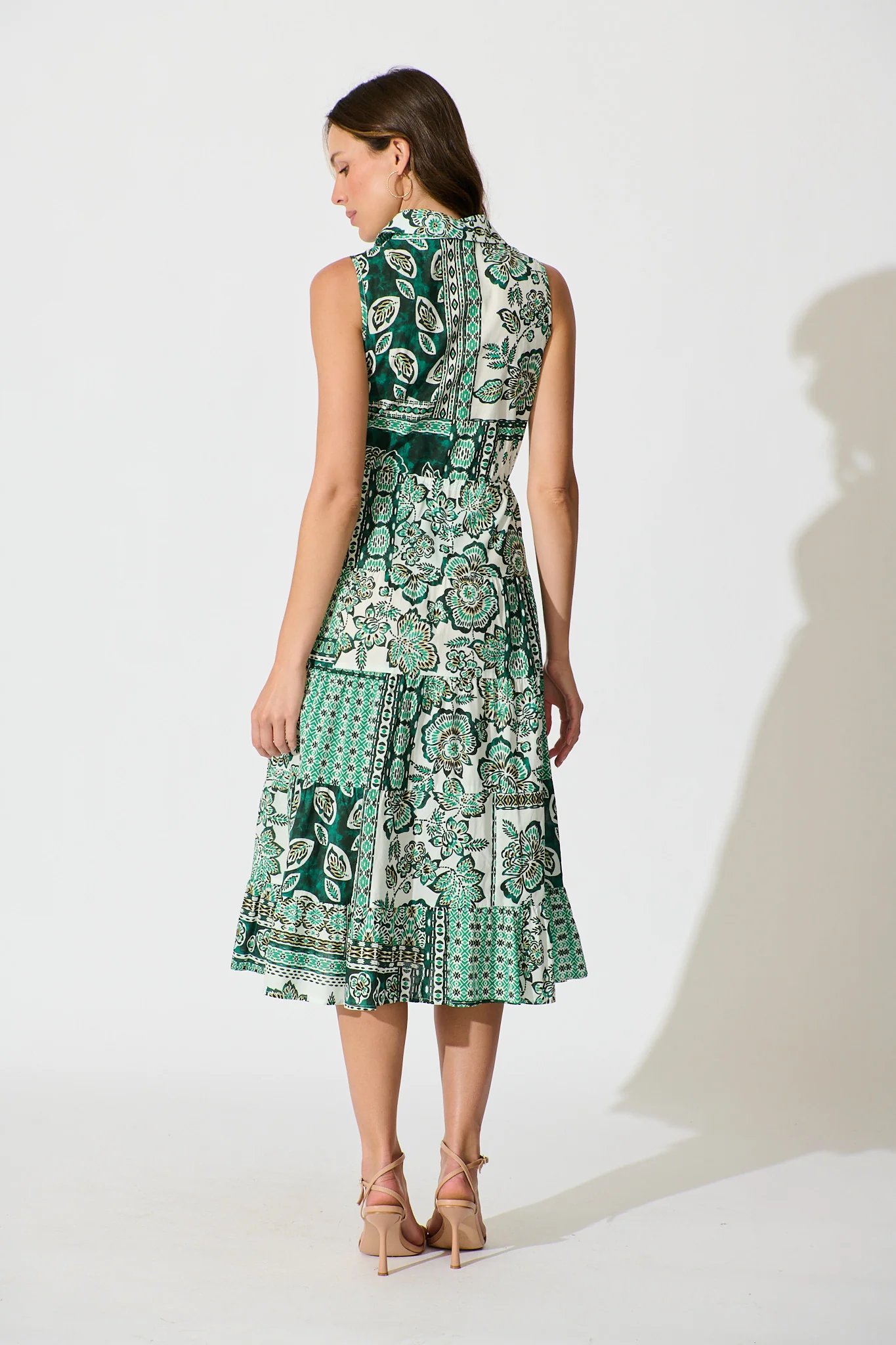 Larah Midi Dress in Green and White Patchwork Cotton - Image 4
