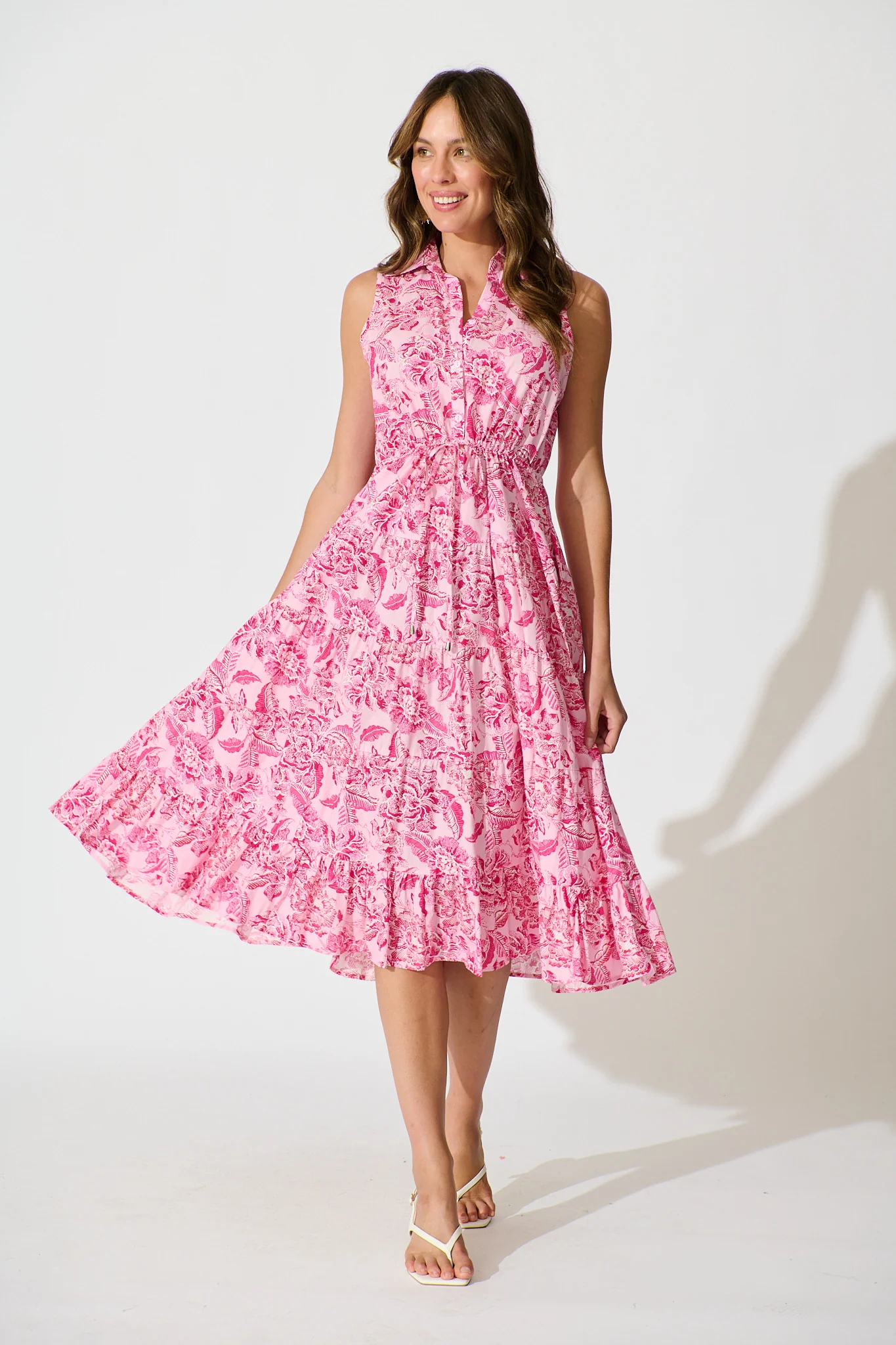 Larah Midi Dress in Pink Floral Cotton