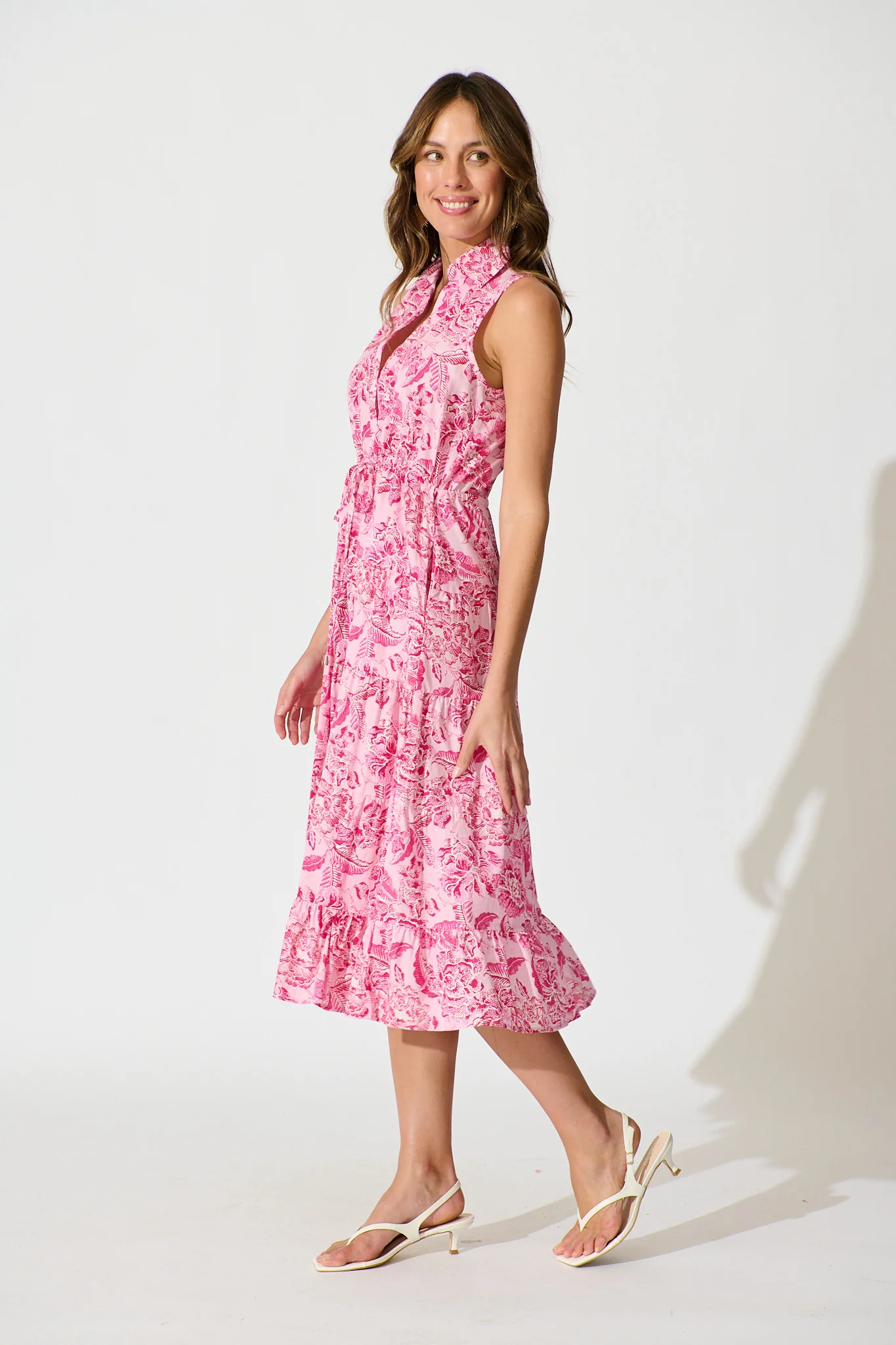 Larah Midi Dress in Pink Floral Cotton - Image 3