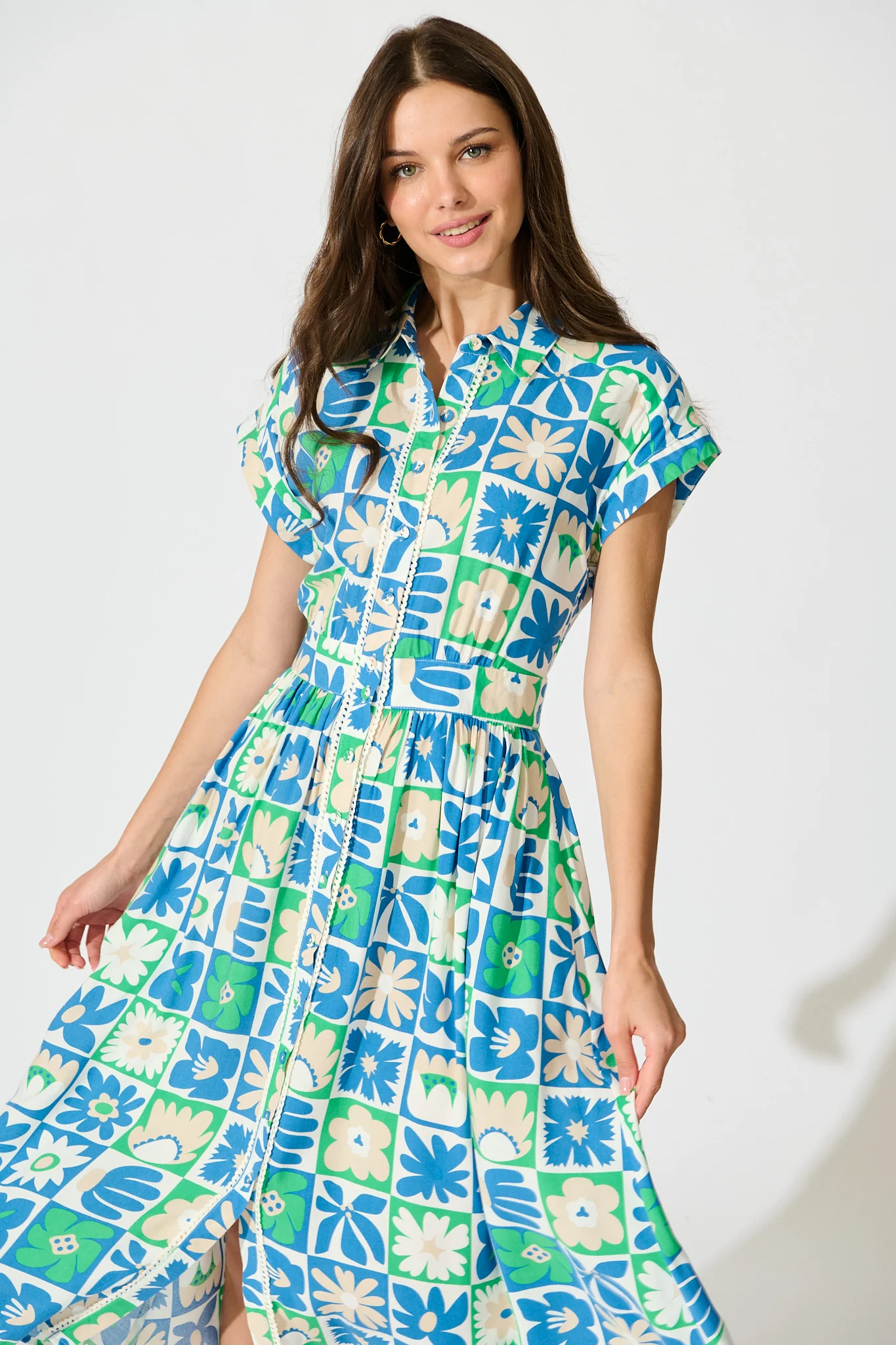 Lassie Midi Shirt Dress in Blue with White Patchwork Floral - Image 2