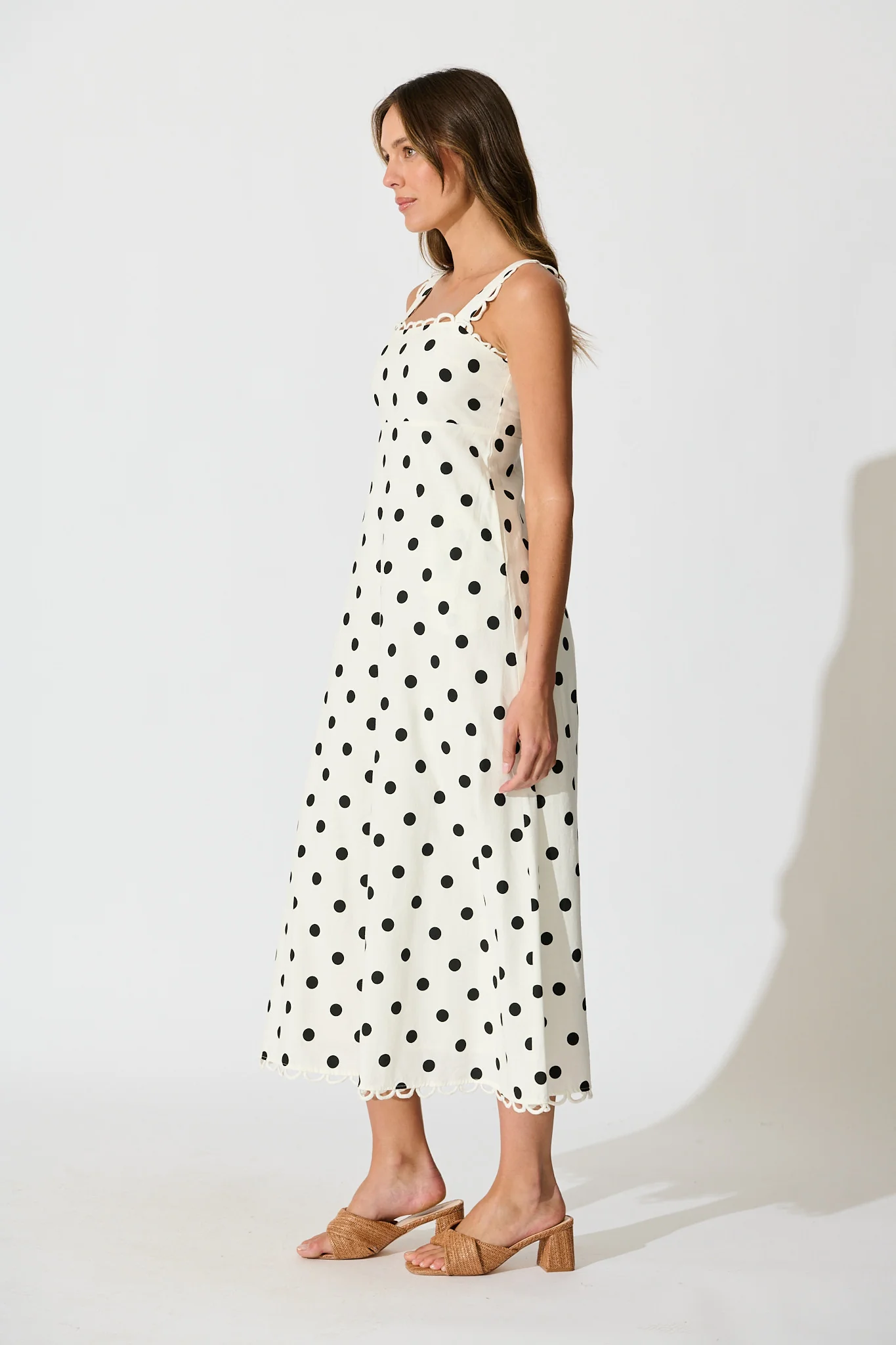 Lauella Maxi Sundress in White with Black Polka Dot Cotton Blend - Image 3