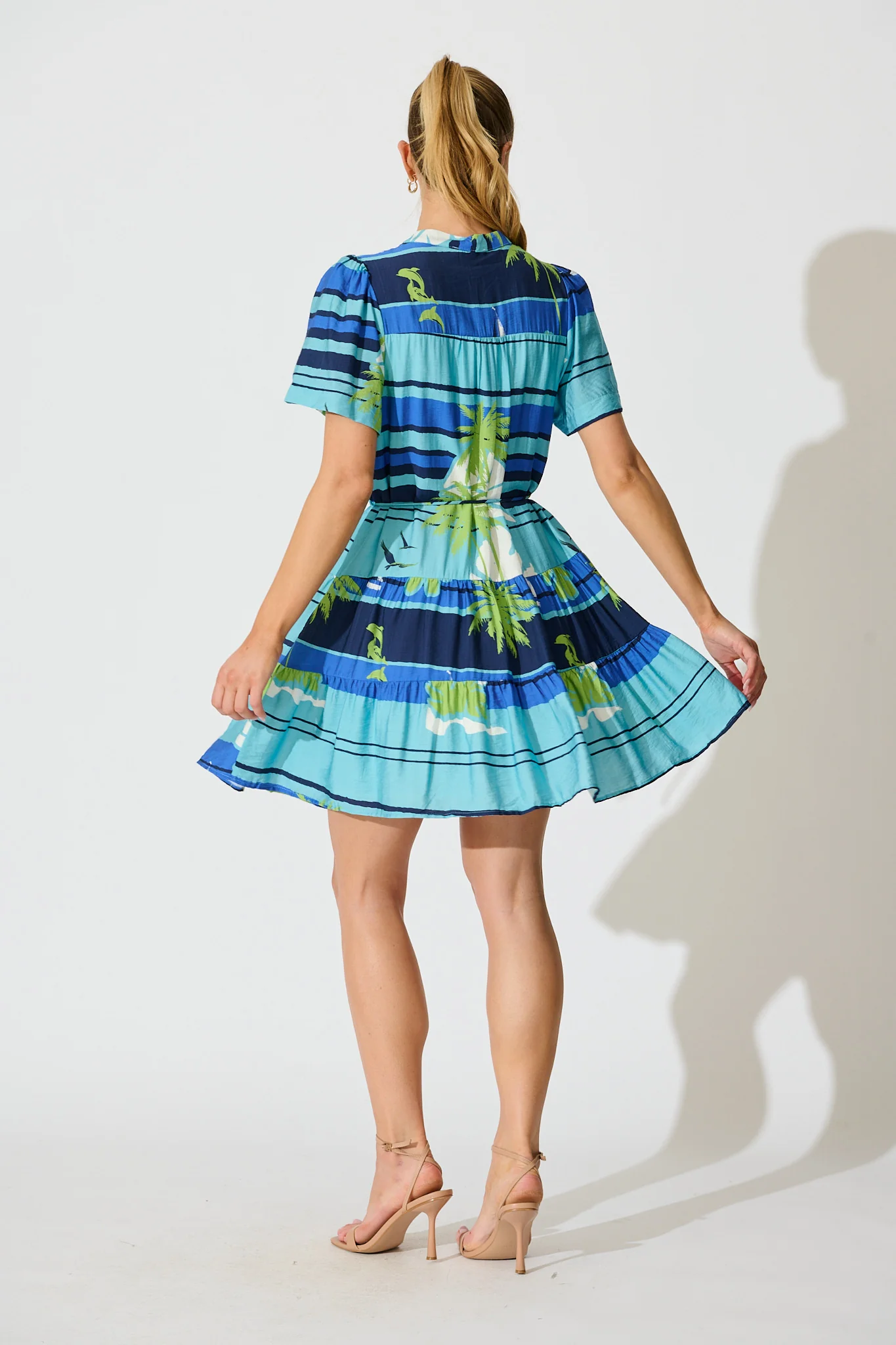 Lavender Dress in Blue with Green Palm Tree Print - Image 4
