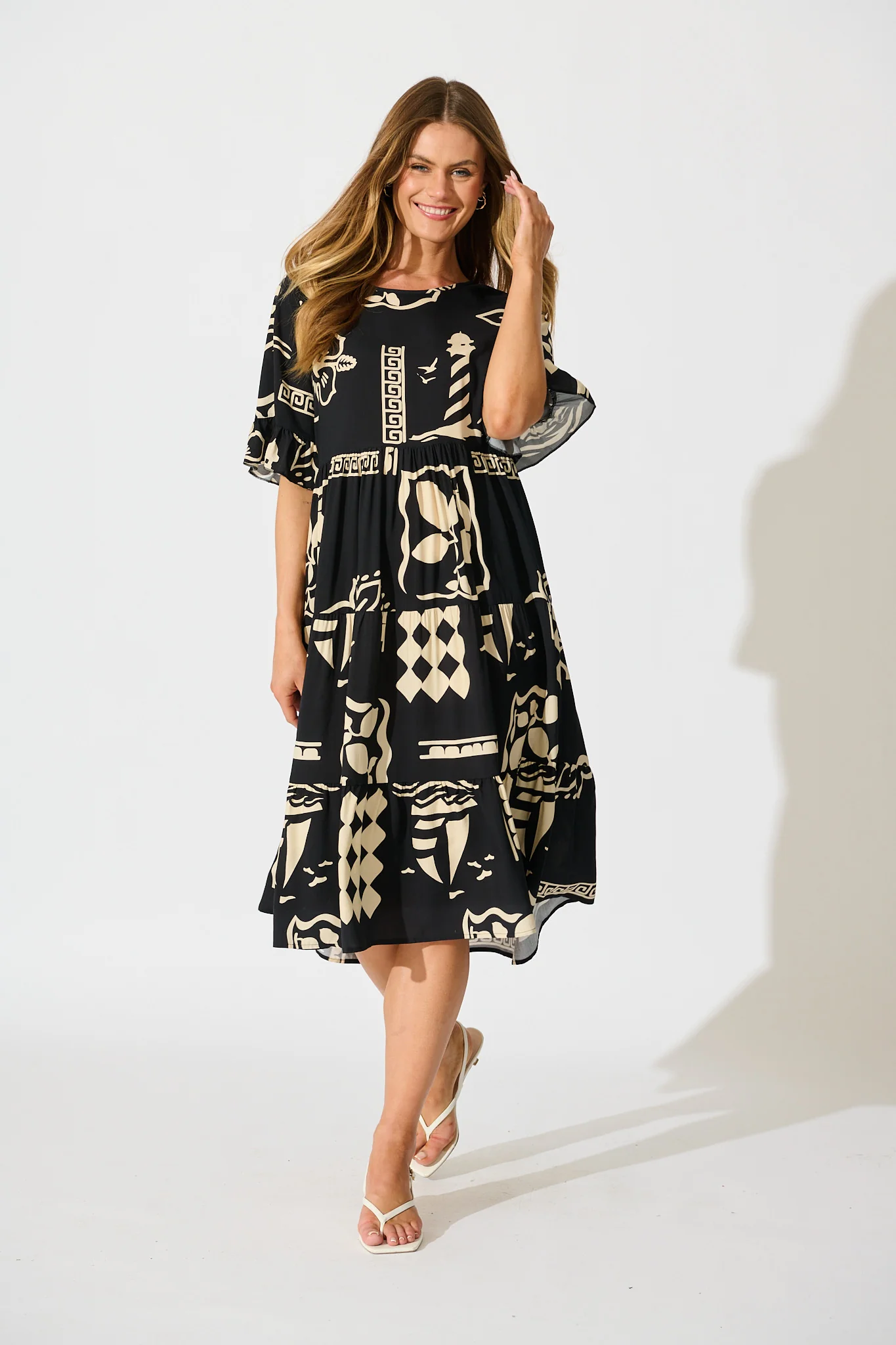 Layana Midi Dress in Black with White Print