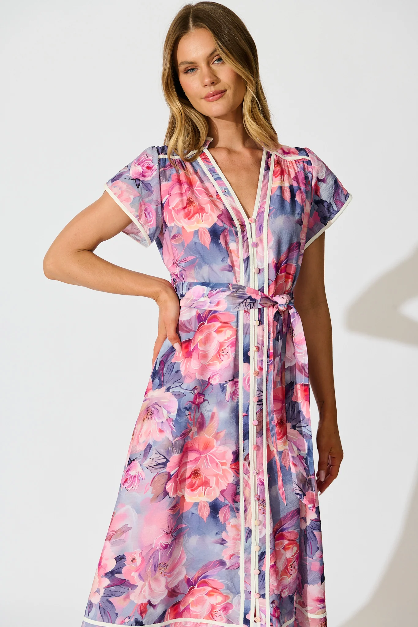 Laylah Midi Dress in Blue with Pink Floral Cotton - Image 2