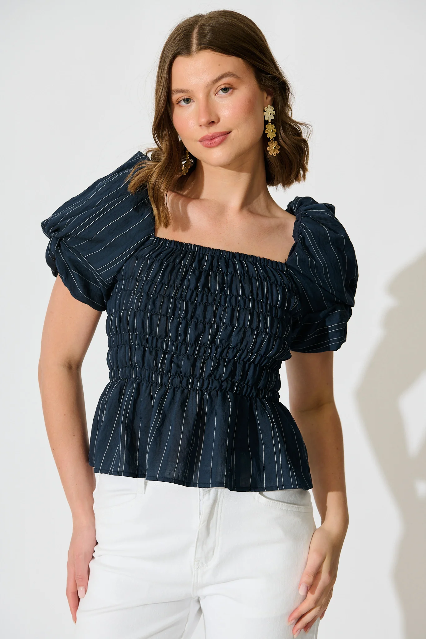 Layne Shirred Top in Navy with White Stripe